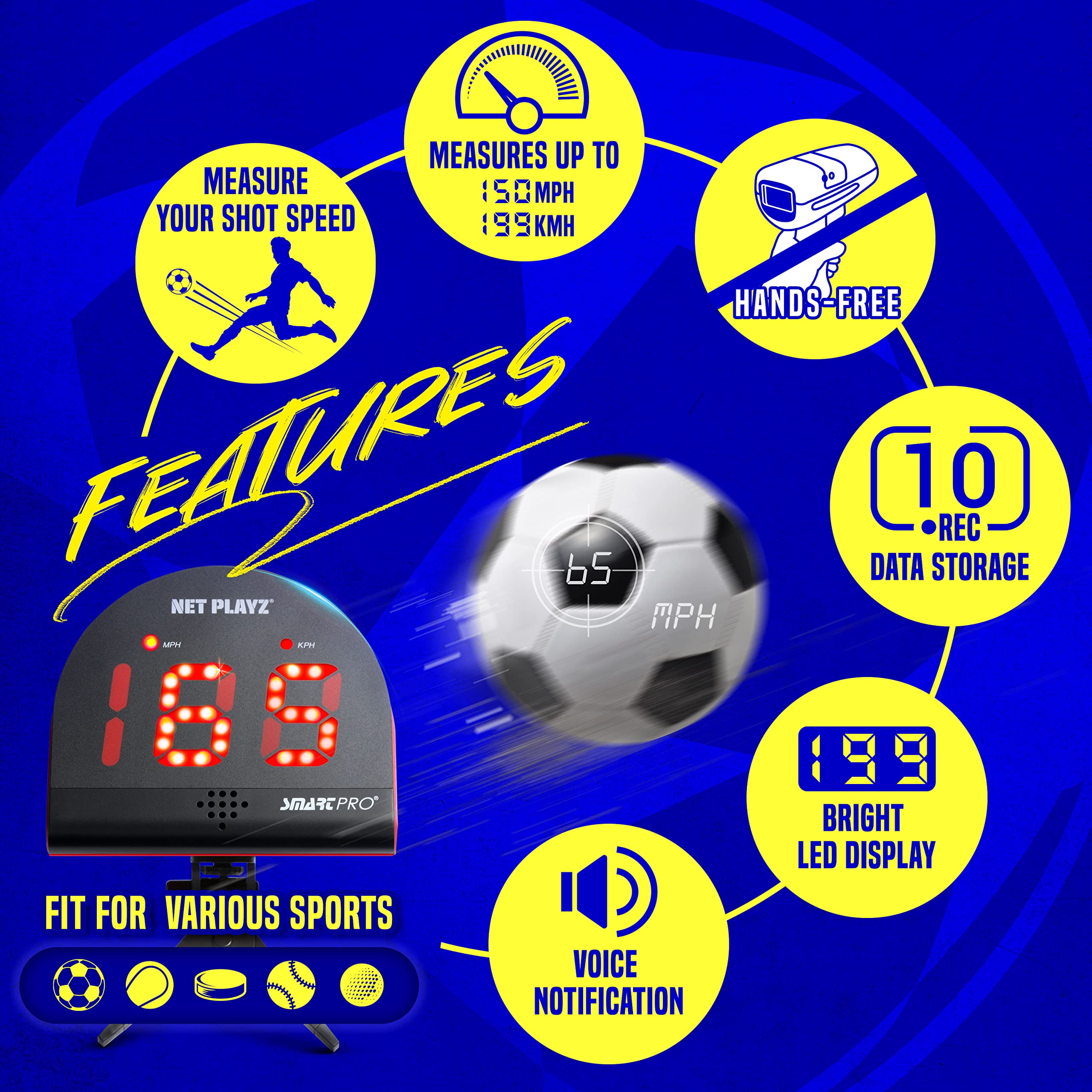 NET-PLAYZ Soccer Speed Radar Gun - Hands-Free Shot Power Detector for Training & Practice | Measure Kick Velocity, Improve Accuracy | Perfect Soccer Gifts for Players & Coaches | Ideal for Backyard Drills, Team Practices & Skill Development