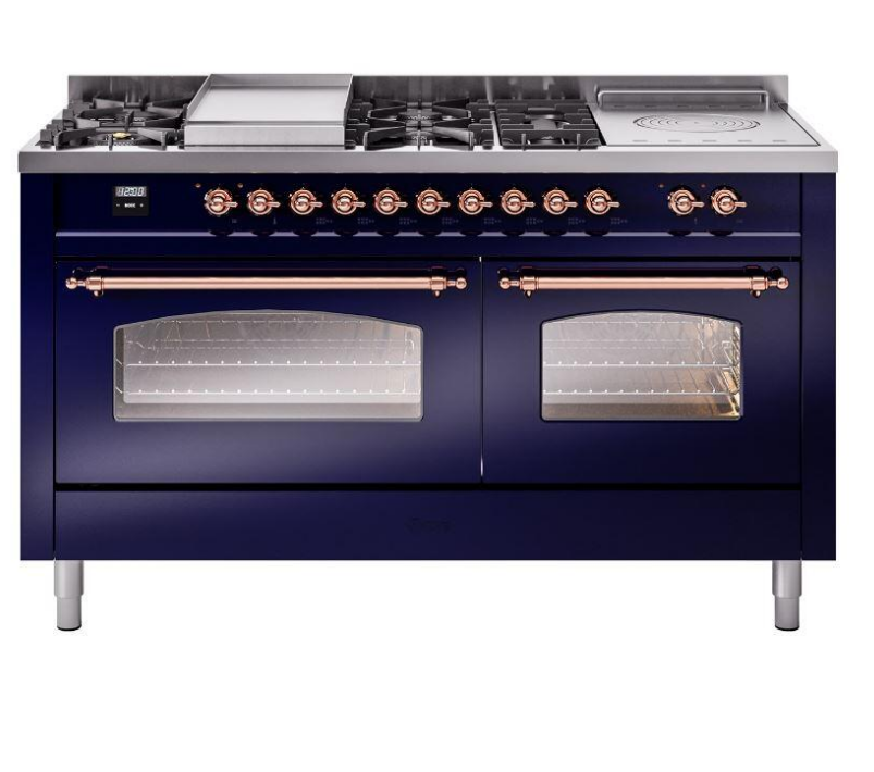 ILVE Nostalgie II 60-Inch Dual Fuel Range with Liquid Propane - Blue & Copper Trim (UP60FSNMPMBPLP) - Perfect for Gourmet Kitchens & Professional Home Chefs