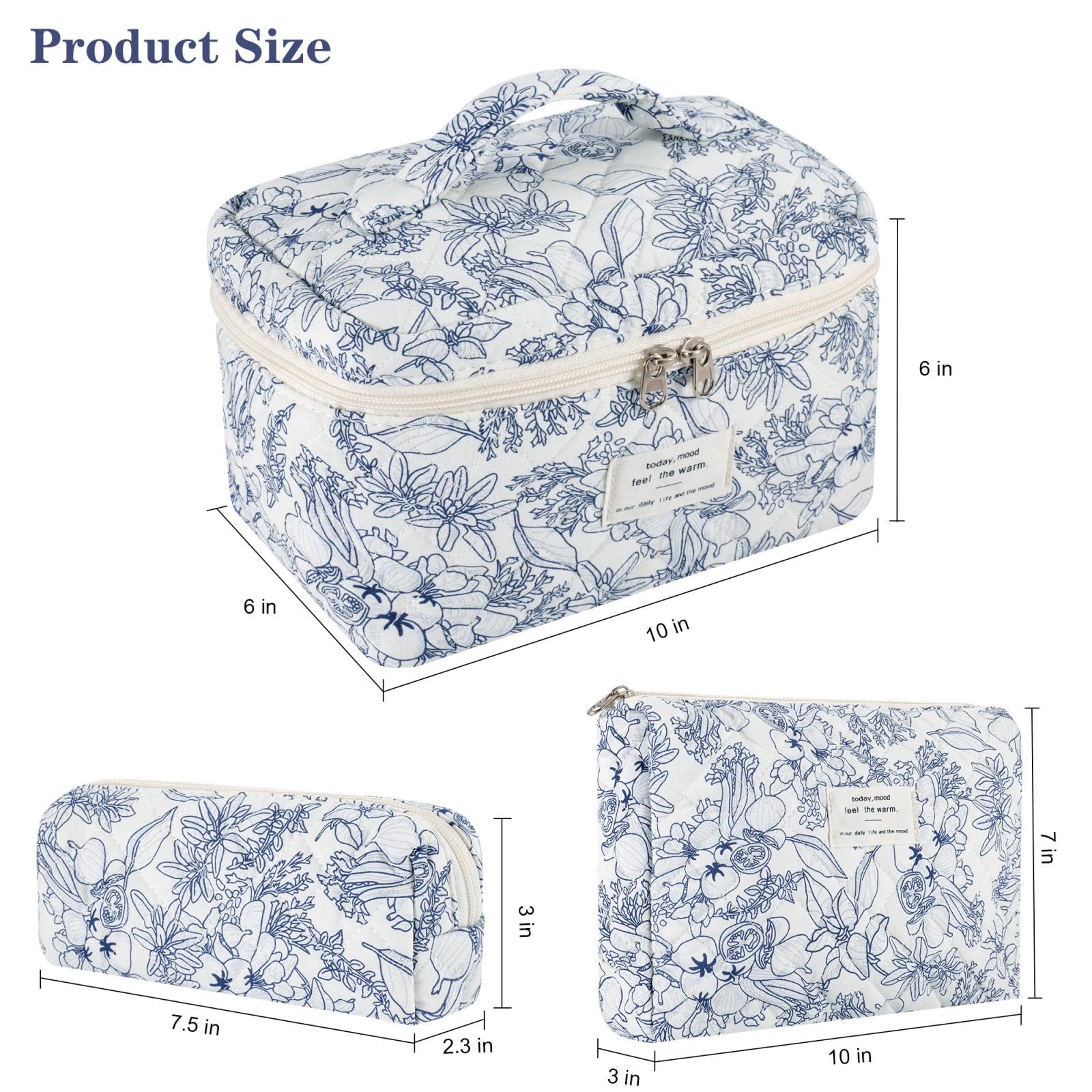 Quilted Makeup Bag Set - 3 Piece Cotton Floral Cosmetic Organizer for Women | Large Travel Toiletry Pouch | Perfect for Travel, Gym, and Daily Beauty Essentials Storage