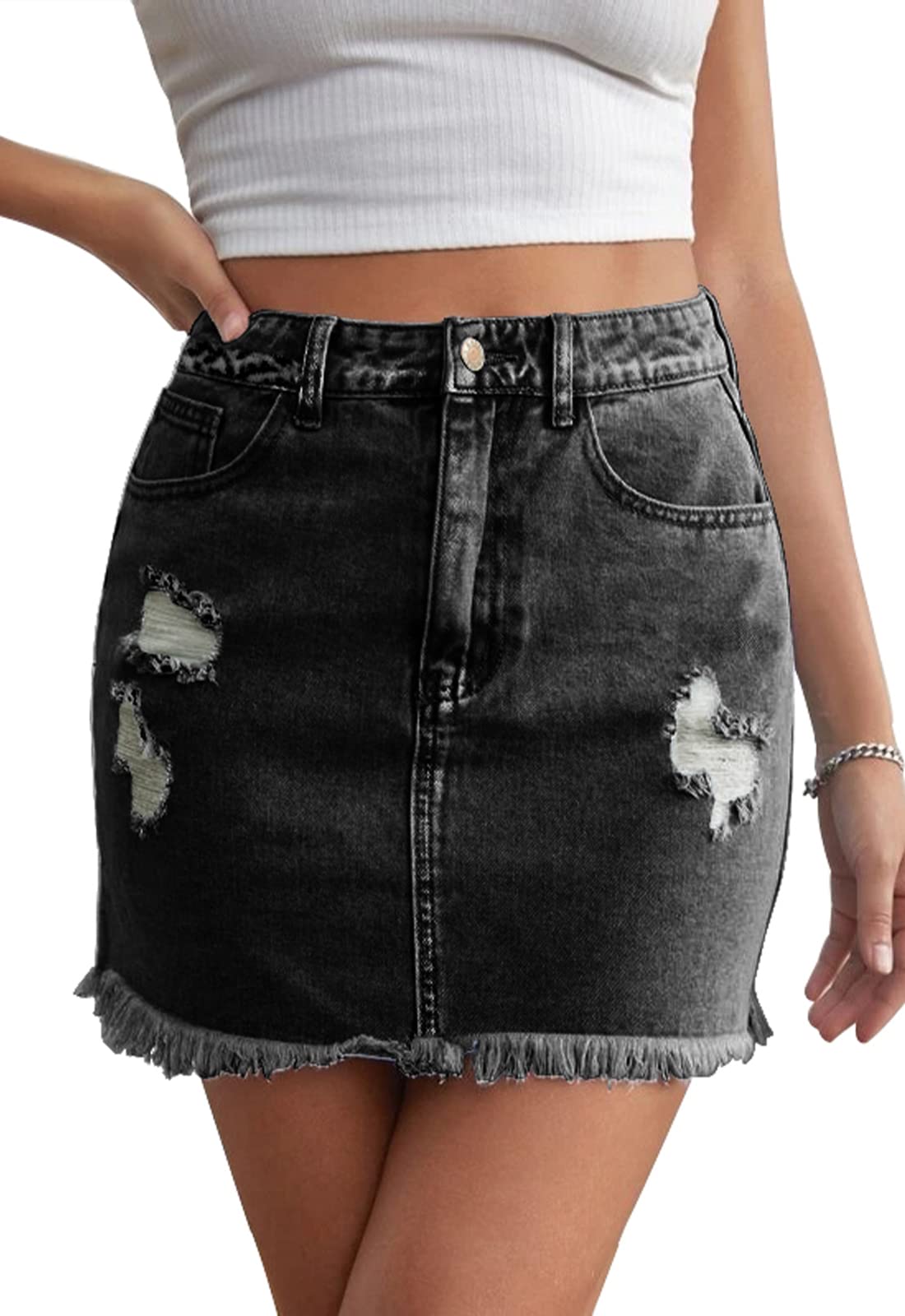 Women's High Waist Stretchy Denim Mini Skirt - Bodycon Washed Frayed Jean Skirt with Pockets | Casual Outfit for Club, Date Night & Streetwear Fashion