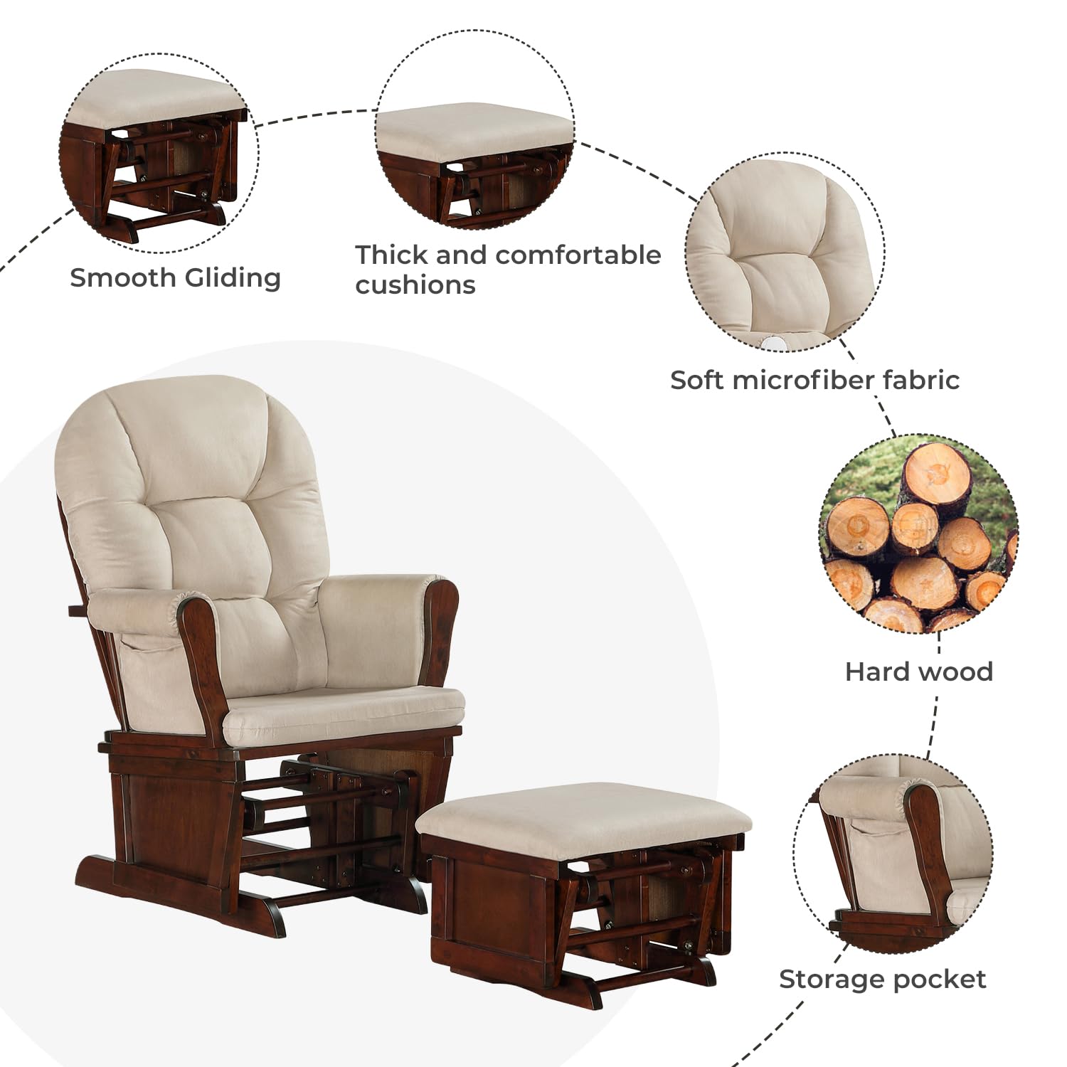 Lennox Furniture Glider Rocker Combo - Espresso Beige Reclining Chair with Ottoman - Perfect for Nursery, Living Room & Relaxation