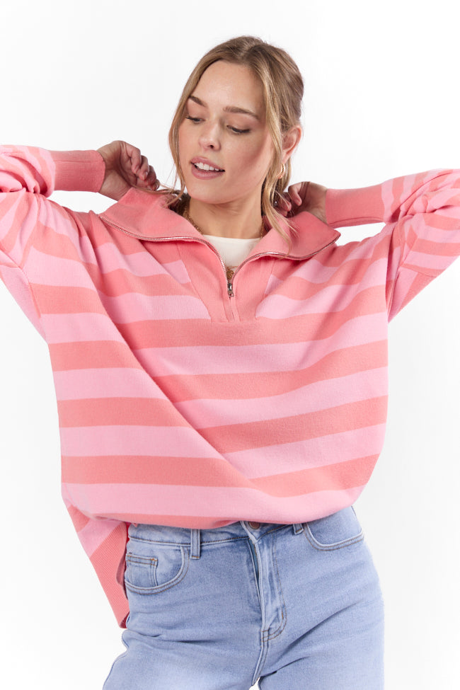 Coral Multi-Stripe Quarter Zip Pullover for Women | Soft & Stylish Pullover Sweater | Perfect for Casual Outings & Layering