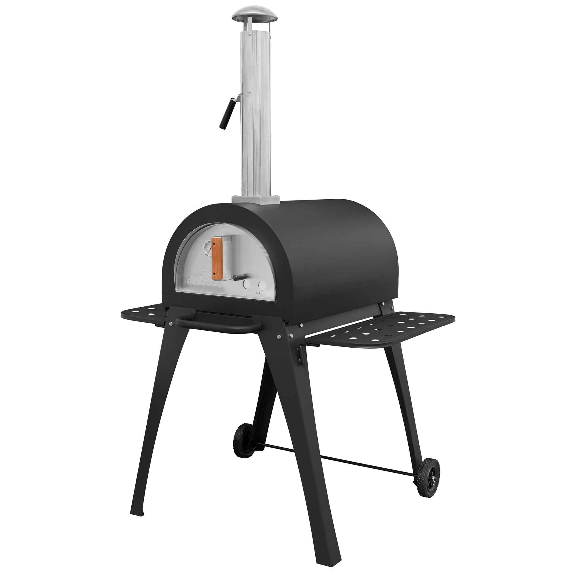 Premium Freestanding Outdoor Wood Fired Pizza Oven & Smoker with Side Shelves & Stand - Perfect for Backyard BBQs, Camping, and Outdoor Cooking - DG103