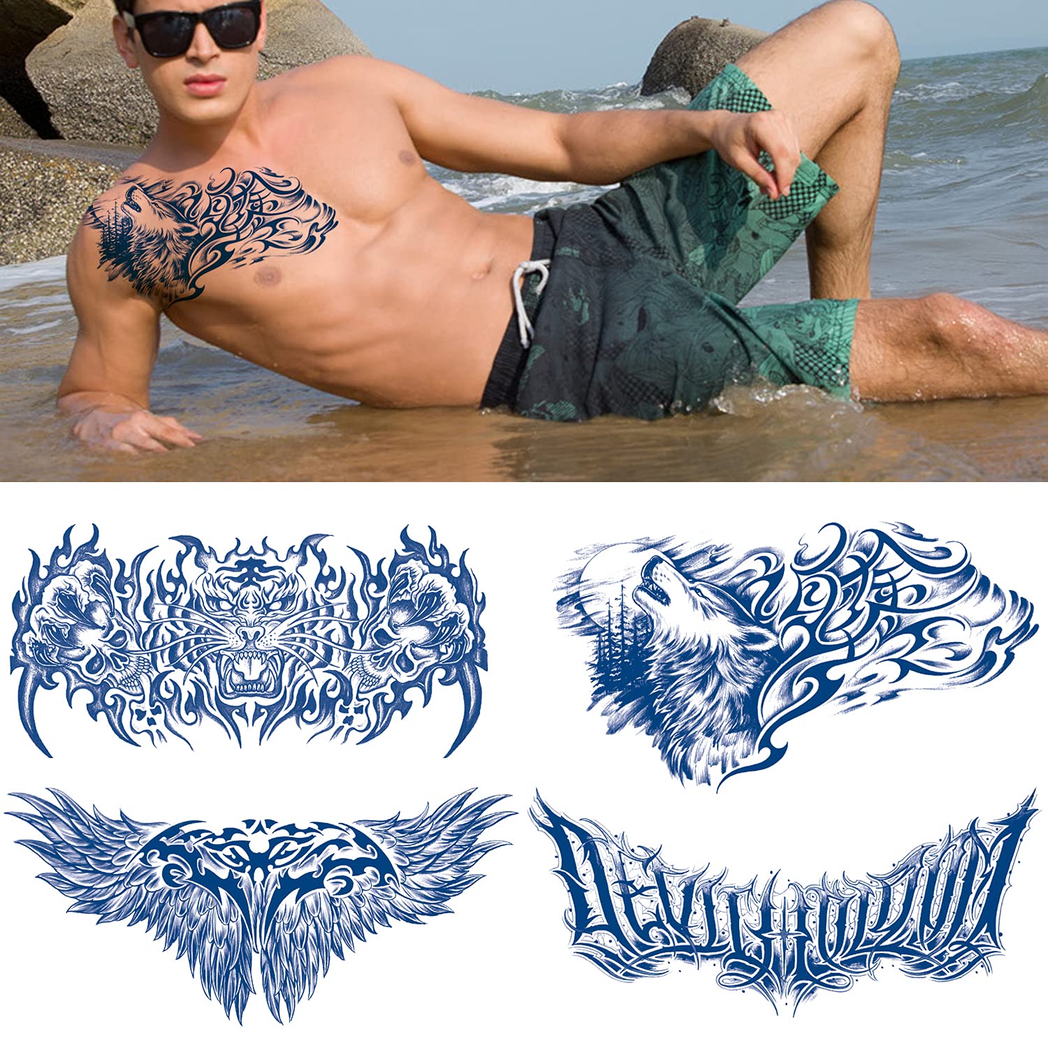Glaryyears 4-Pack Large Semi-Permanent Chest Tattoos for Men - Dragon, Tiger, Wings & Letter Designs - Waterproof Temporary Tattoos for Shoulder, Upper Back & Thorax - Perfect for Light & Dark Skin | Great for Parties, Halloween, Cosplay & Body Art Enthusiasts