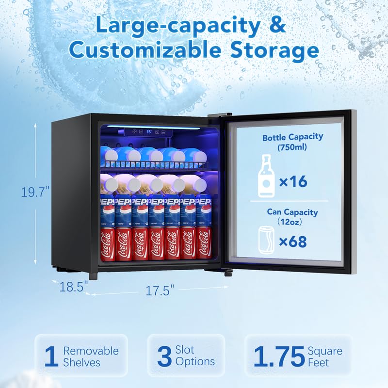 1.75 Cu.Ft Mini Beverage Fridge with Glass Door - Adjustable Shelves & Digital Temperature Display - Holds 16 Bottles or 68 Cans - Perfect for Wine, Beer & Drink Storage in Home, Office or Bar