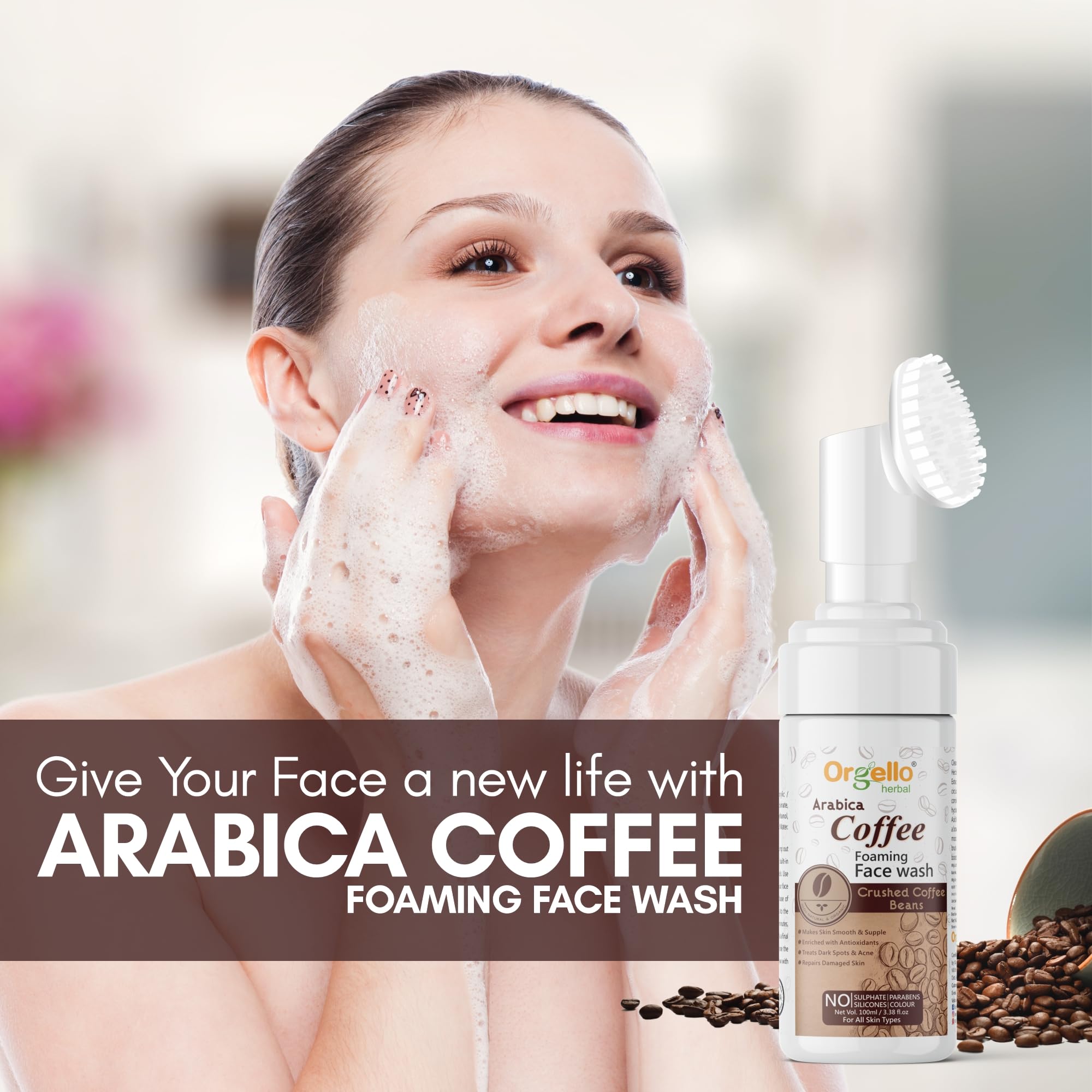 Orgello Arabica Coffee Foaming Face Wash - Sulfate & Paraben Free, Natural Cleanser (100ml) | Gentle Exfoliation for Acne-Prone & Oily Skin | Perfect for Morning Routine & Travel