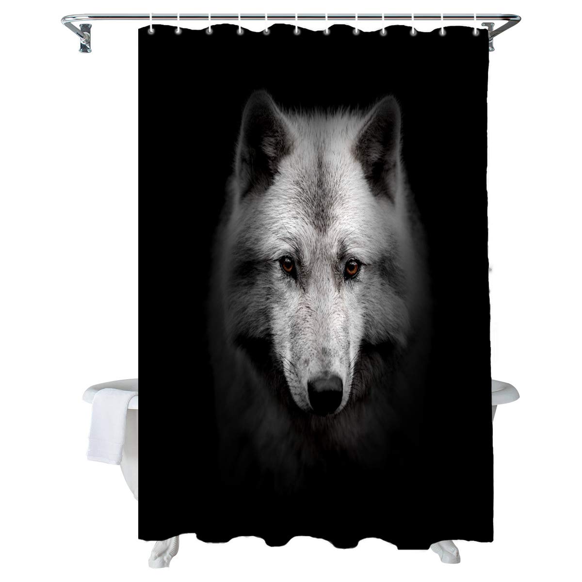 Wolf Shower Curtain Set with Hooks - Black Background Animal Theme Bathroom Decor - Waterproof Polyester Fabric Standard Size 60x72 inches - Perfect for Cabin, Hunting Lodge or Wilderness Themed Bathrooms