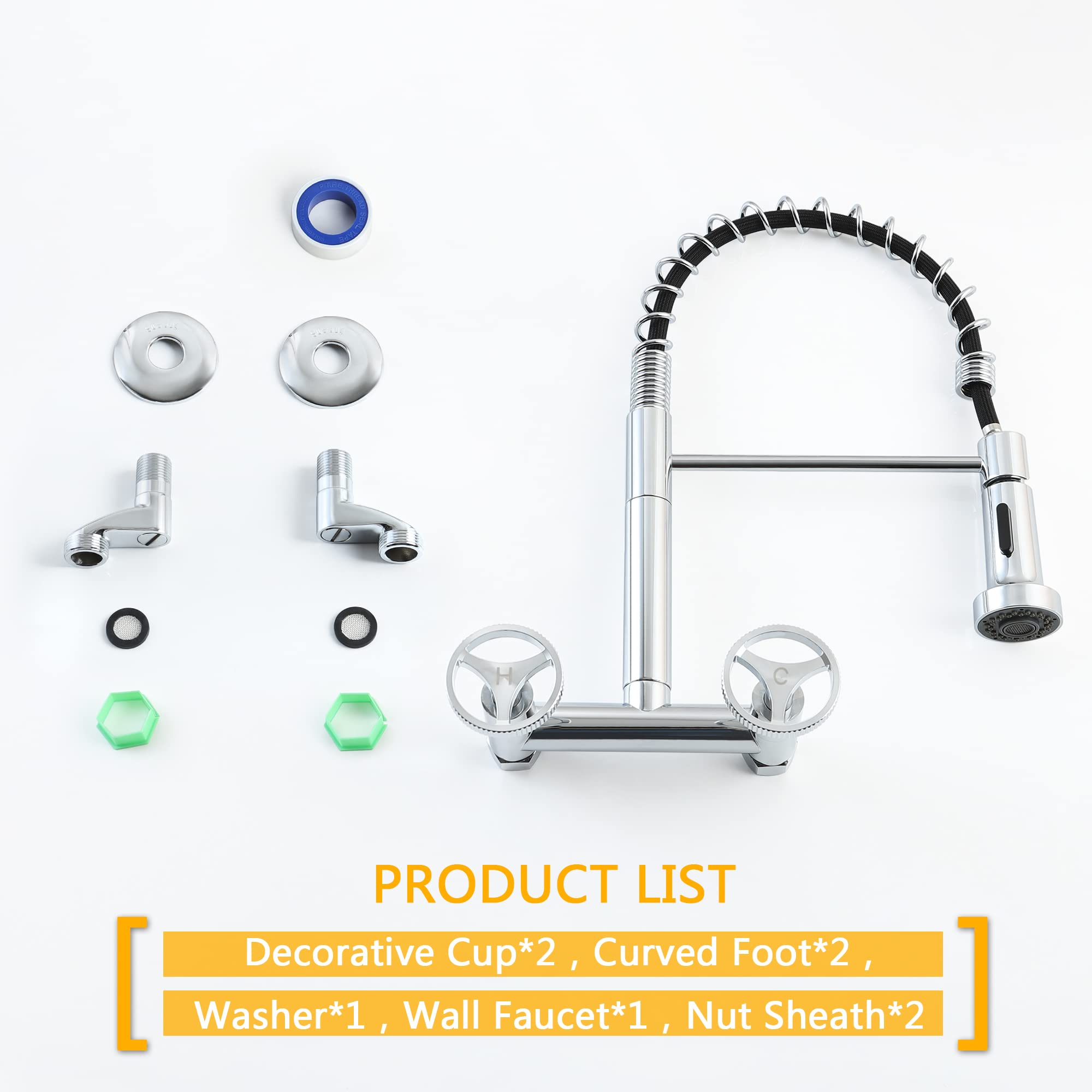 8 Inch Wall Mount Commercial Kitchen Faucet with Pull Down Sprayer - 360° Swivel Polished Chrome Sink Faucet for Restaurant, Food Truck & Home Kitchen Use