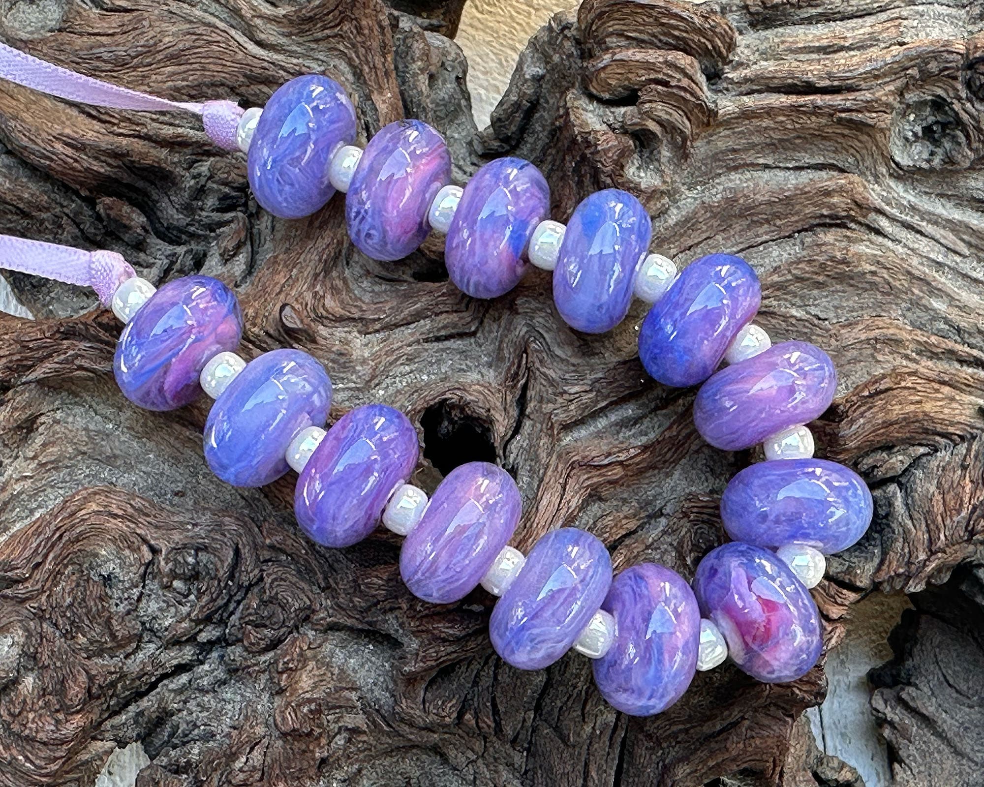 14 Tanzanite Purple Pink Swirl Lampwork Glass Beads Set for Jewelry Making - DIY Bracelets, Necklaces, Earrings & Craft Projects