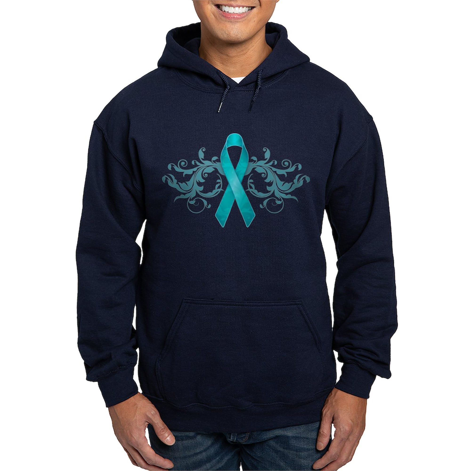 Teal Ribbon Hoodie for Men - Dark Regular Fit Pullover Sweatshirt | Awareness & Support Apparel for Cancer, Ovarian & PTSD Causes - Comfortable Casual Wear for Everyday & Fundraising Events
