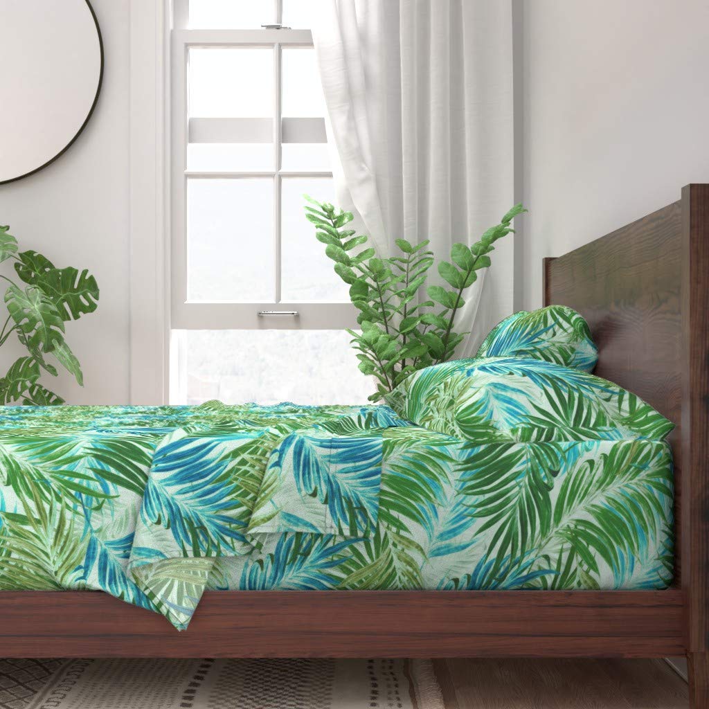 Premium 100% Cotton Twin Sheet Set (3-Piece) - Tropical Palm Leaf Watercolor Design in Sky Blue & Green | Breathable Bedding for Hot Sleepers & Jungle-Themed Rooms