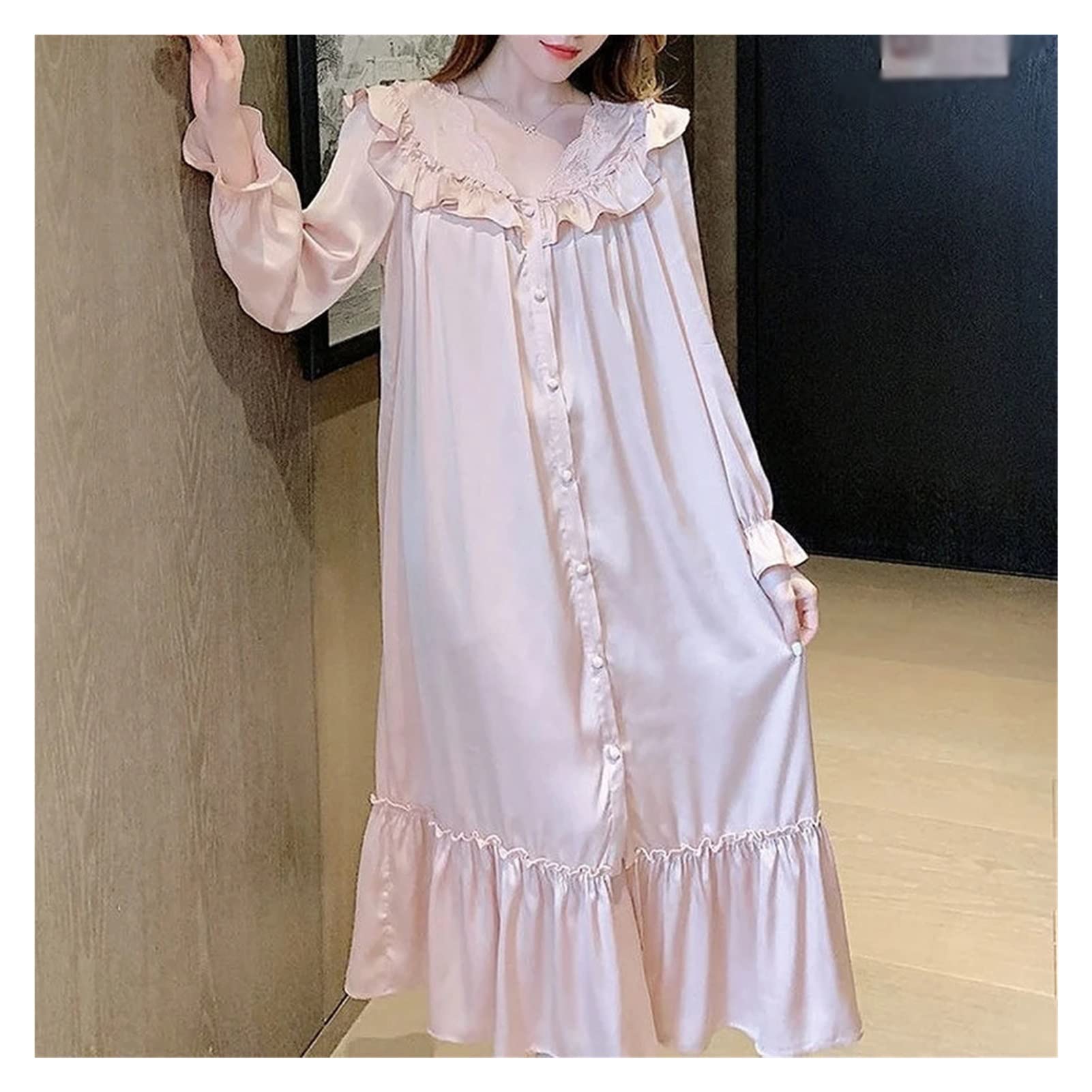 Women's Sexy Ruffled Long Sleeve Nightgown - Soft Loose Lounge Sleepwear for Autumn (Pink, Medium) | Cozy Homewear for Relaxing Evenings & Comfortable Sleep