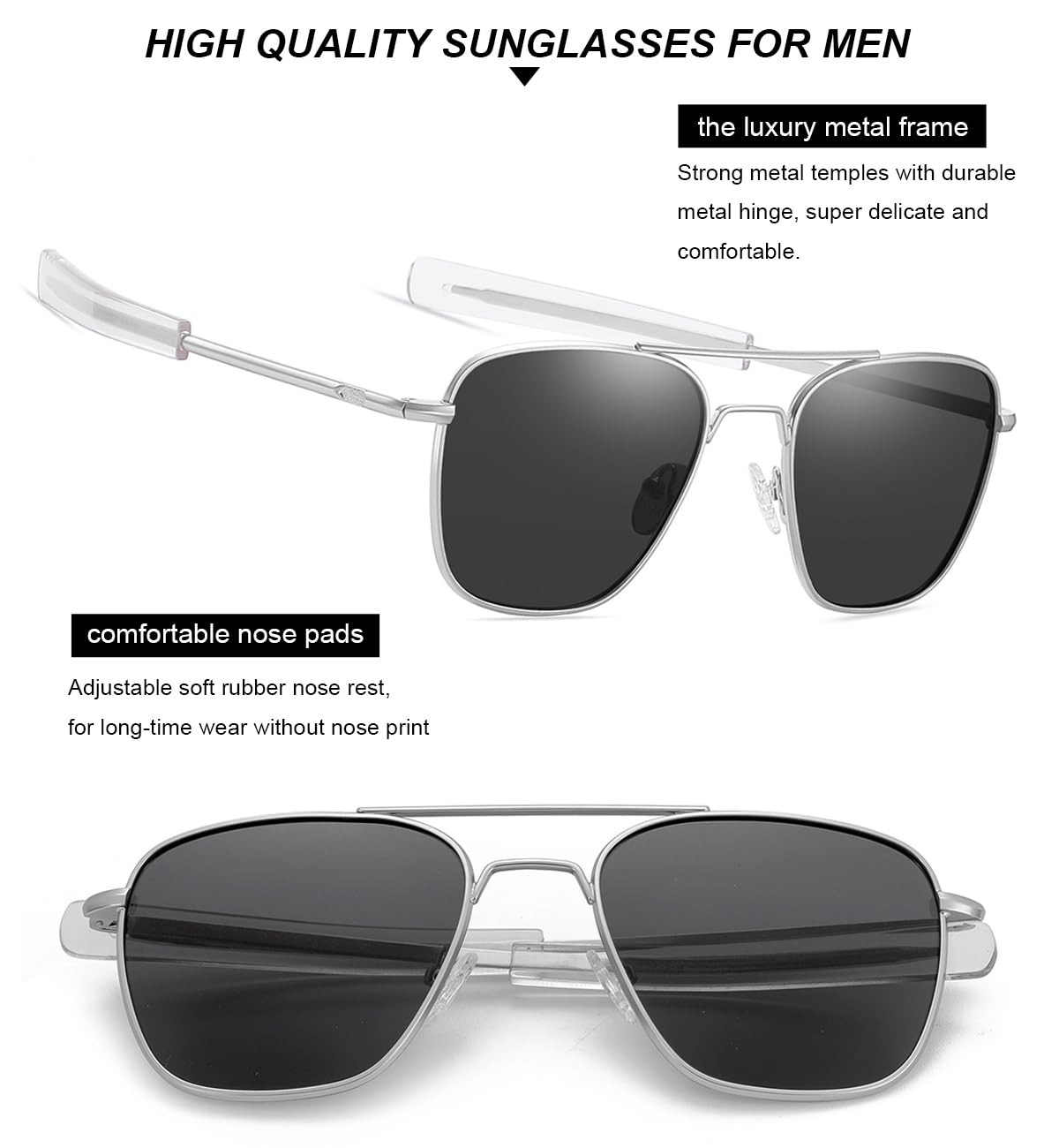 Gleyemor Polarized Square Aviator Sunglasses for Men - Retro Military Tough Guy Style UV Protection Shades - Perfect for Driving, Outdoor Sports & Fashion Accessories