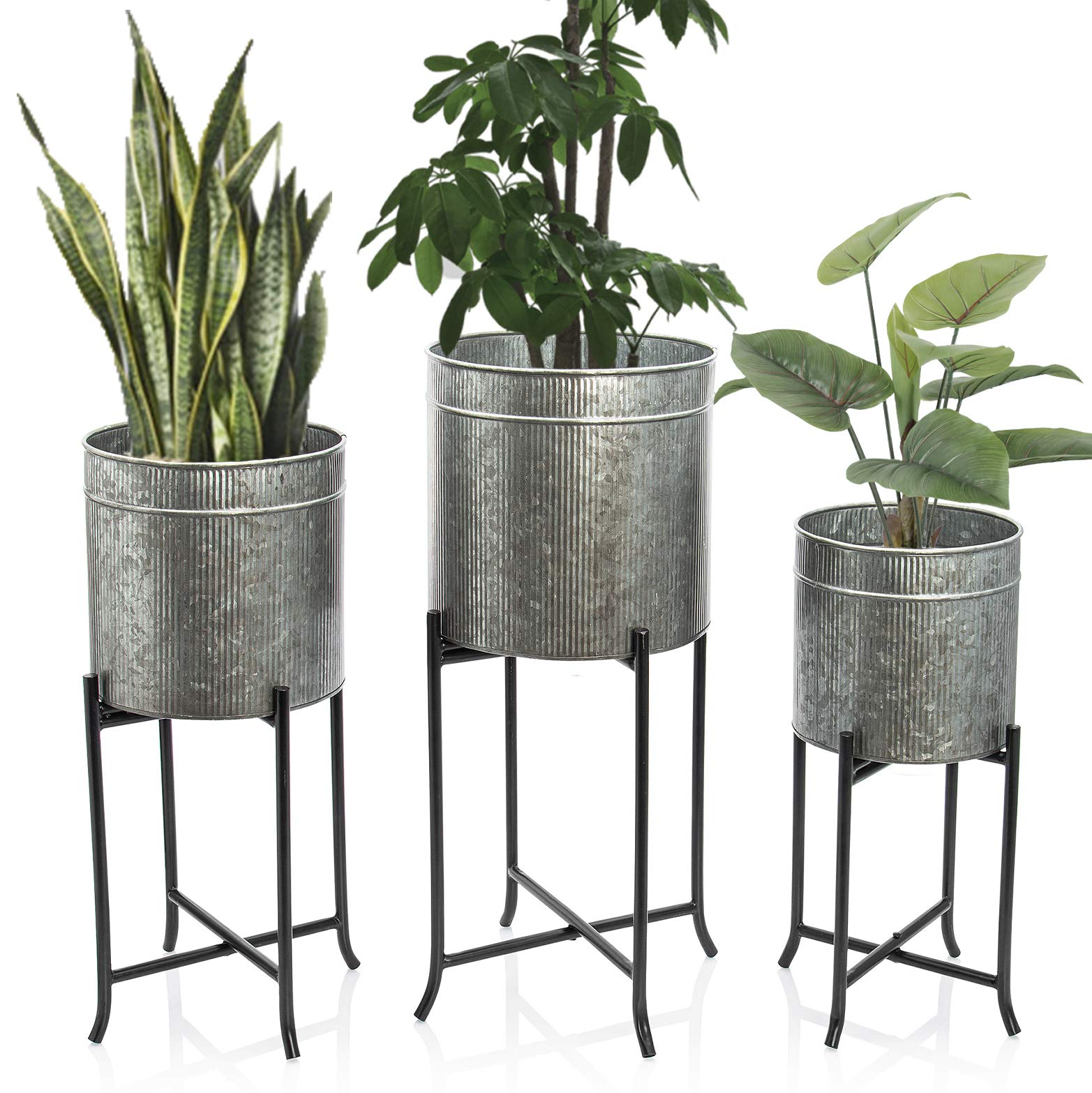 3-Pack Large Galvanized Metal Planters for Indoor & Outdoor Use – Farmhouse Garden, Patio, Balcony Decor with Stand & Drainage – Rustic Modern Planting Containers for Front Door, Porch & Home Decor (Perfect for Herbs, Flowers & Succulents)