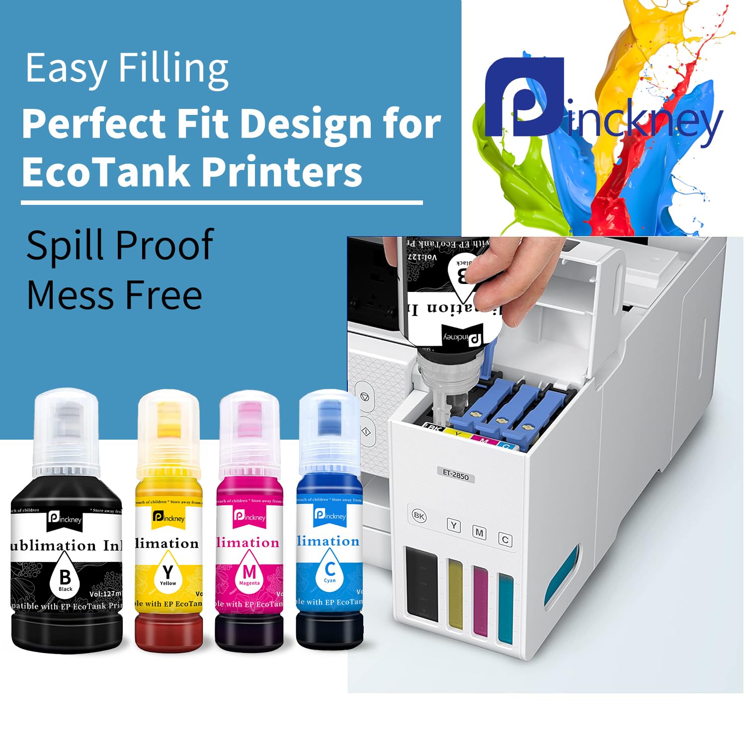 Pinckney Cartridge-Free Super-Tank Printer with Sublimation Ink Bundle - Ideal for Heat Transfer Printing, DIY T-Shirts & Custom Gifts | Built-in Scanner & Copier, Easy-Fill Ink System (Black)