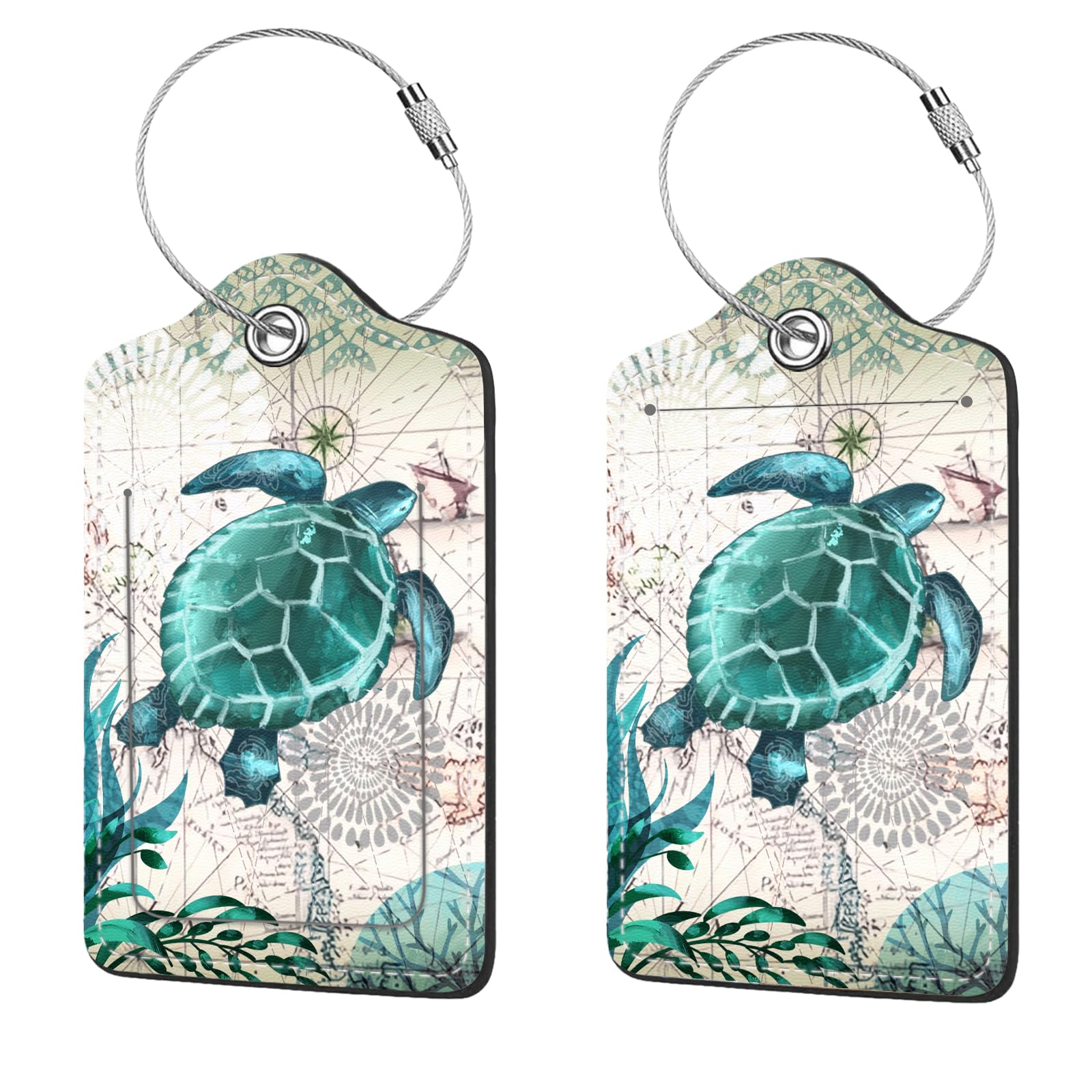 2 Pack Cute PU Leather Luggage Tags for Suitcases - Unique Travel Bag Tags with Privacy Cover, ID Label & Durable Metal Ring - Perfect for Men, Women, Kids Backpacks (Turtle Design) - Ideal for Air Travel, Vacation & Business Trips