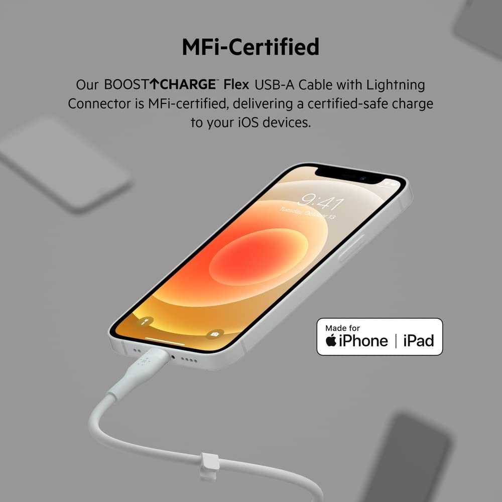 Belkin BoostCharge Flex Silicone USB-A to Lightning Cable (6.6FT/2M) - MFi Certified iPhone Charger for iPhone 14/13/12/11/X/8 & More - Durable & Tangle-Free with Cable Clip - Perfect for Home, Office & Travel - White