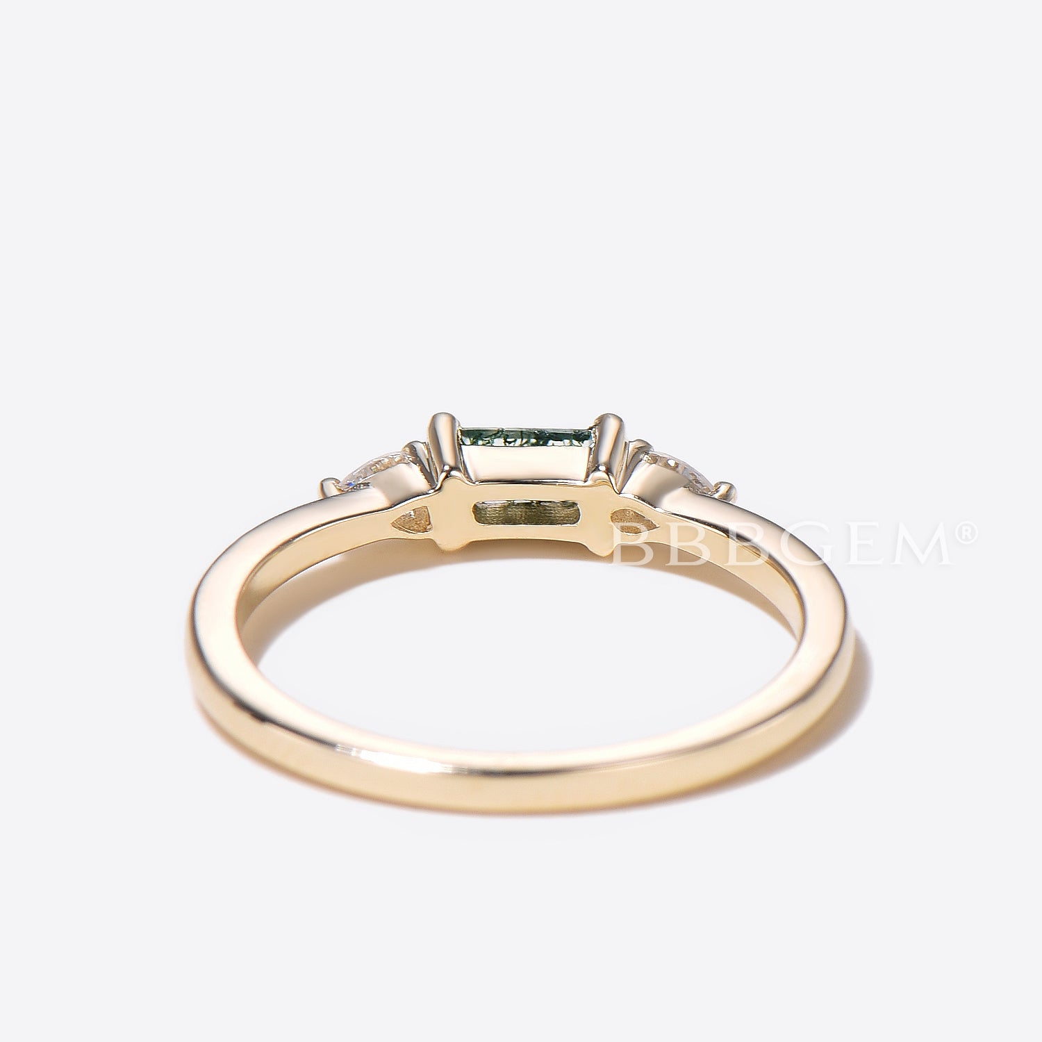 Minimalist Baguette Natural Moss Agate Wedding Band with Three Stone Diamonds - Elegant Stackable Ring for Women, Perfect for Engagement, Anniversary & Everyday Wear