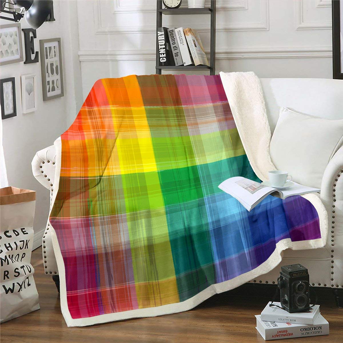 Rainbow Plush Fleece Blanket - Soft Geometric Striped Throw for Teens, Adults & Women - Checkered Iridescent Sherpa Blanket for Bed, Couch & Sofa - Cozy Farmhouse Decor for Living Room, Bedroom & Dorm