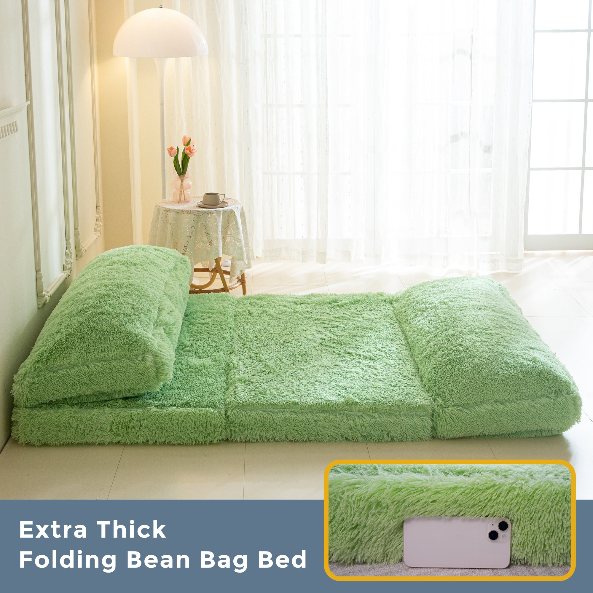 MAXYOYO Faux Fur Bean Bag Chair - Foldable Floor Sofa Bed with Foam Filling, Green Wall Couch Sleeper for Living Room, Bedroom & Dorm | Comfortable Lounge Chair for Reading, Gaming & Relaxing