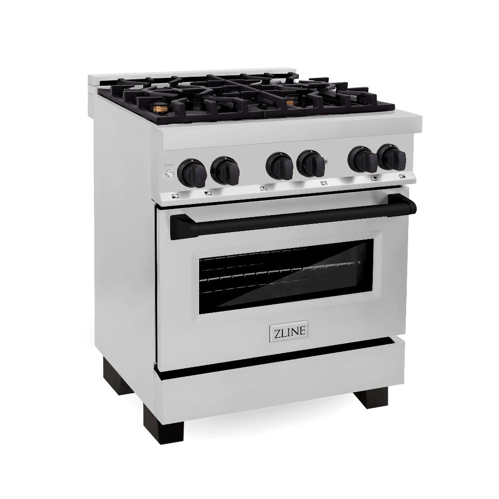ZLINE Autograph Edition 30-inch Stainless Steel Dual Fuel Range Kitchen Package with Range Hood, Dishwasher & Refrigerator with External Water Dispenser - Matte Black Accents (4AKPR RARHDWM30 MB) | Premium Kitchen Appliances for Modern Homes & Professional Chefs