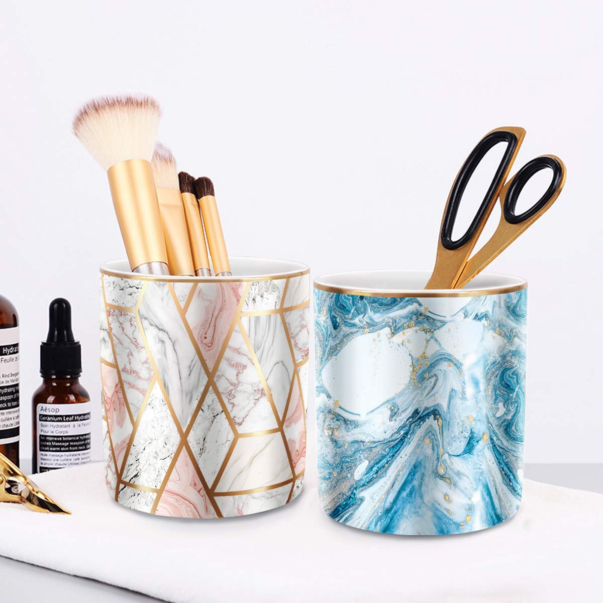 Waveyu Marble Ceramic Pen & Pencil Holder - Stylish Desk Organizer for Office & Classroom (Blue) | Durable Makeup Brush Cup & Stationery Storage | Perfect for Workspace Decor & School Supplies
