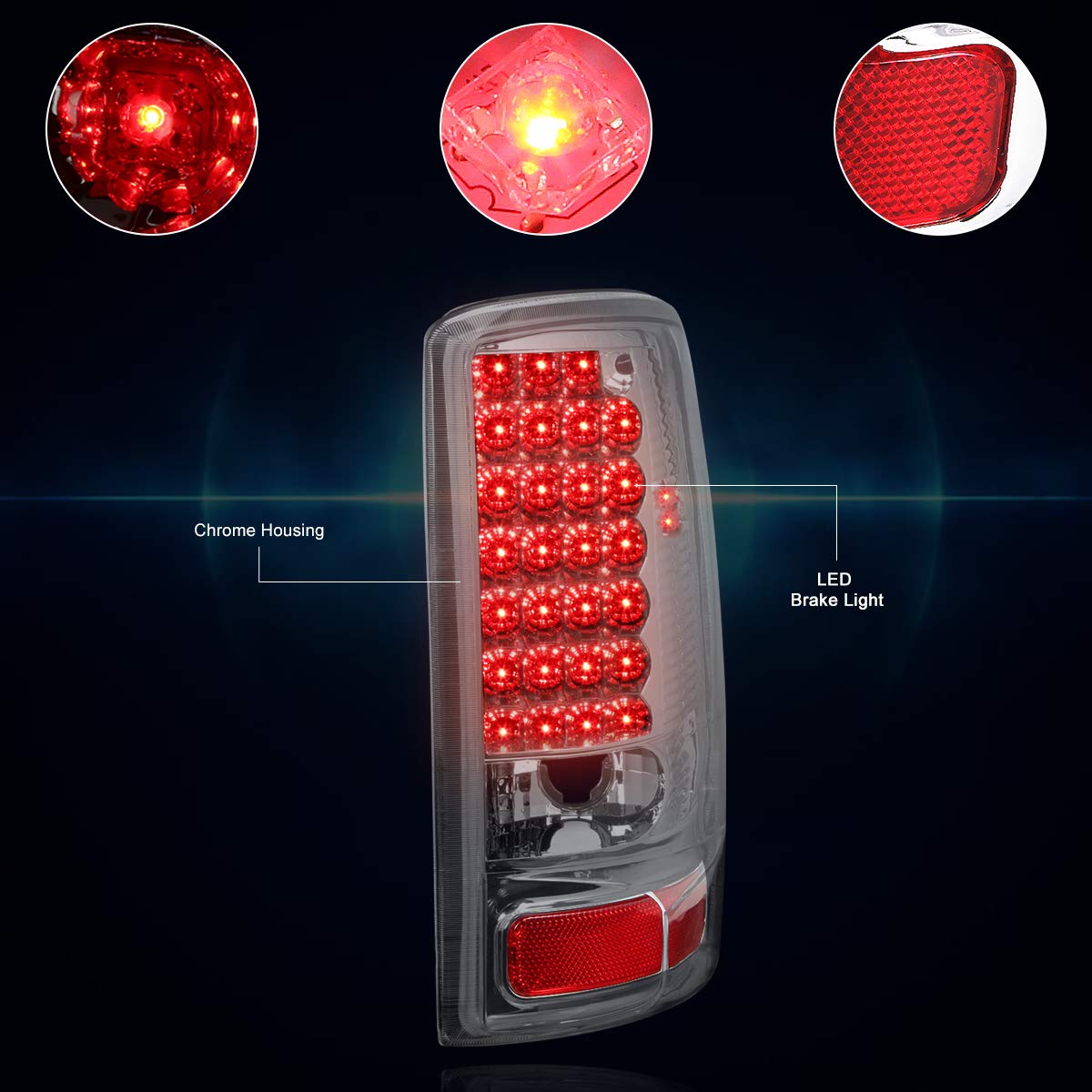 PM PERFORMOTOR Full LED Tail Lights Brake Lamps Assembly - Compatible with 2000-2006 Chevy Tahoe & GMC Yukon | Chrome Housing & Clear Lens | Enhanced Safety & Style for Night Driving & Off-Road Adventures