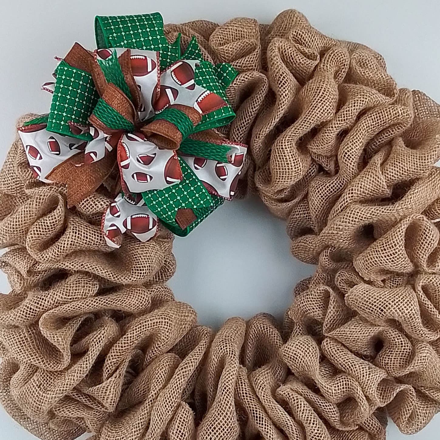 Handmade Burlap Wreath Bow Embellishments - Farmhouse Style Layered Lantern Wreath Decor (Set of 10, Green/Brown Football Theme) - Perfect for DIY Wreath Making, Front Door Decor, and Seasonal Home Decoration