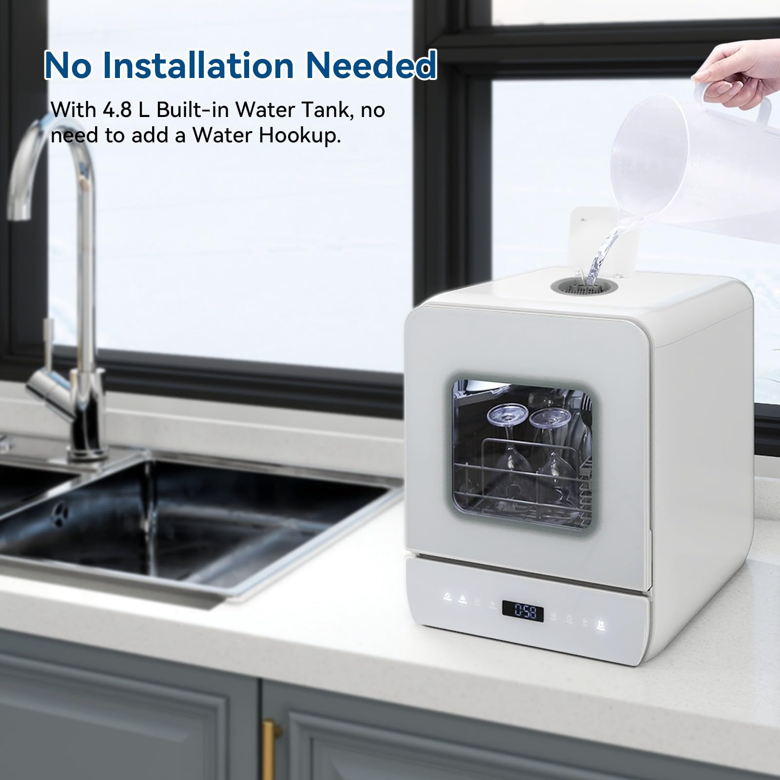 Portable Countertop Dishwasher with 6+4 Wash Programs | Built-in 5L Water Tank | Dual Water Supply Modes | Touch Control & LED Display | Drying Cycle & Fruit Wash Function | Perfect for Apartments, RVs, Dorms & Small Kitchens