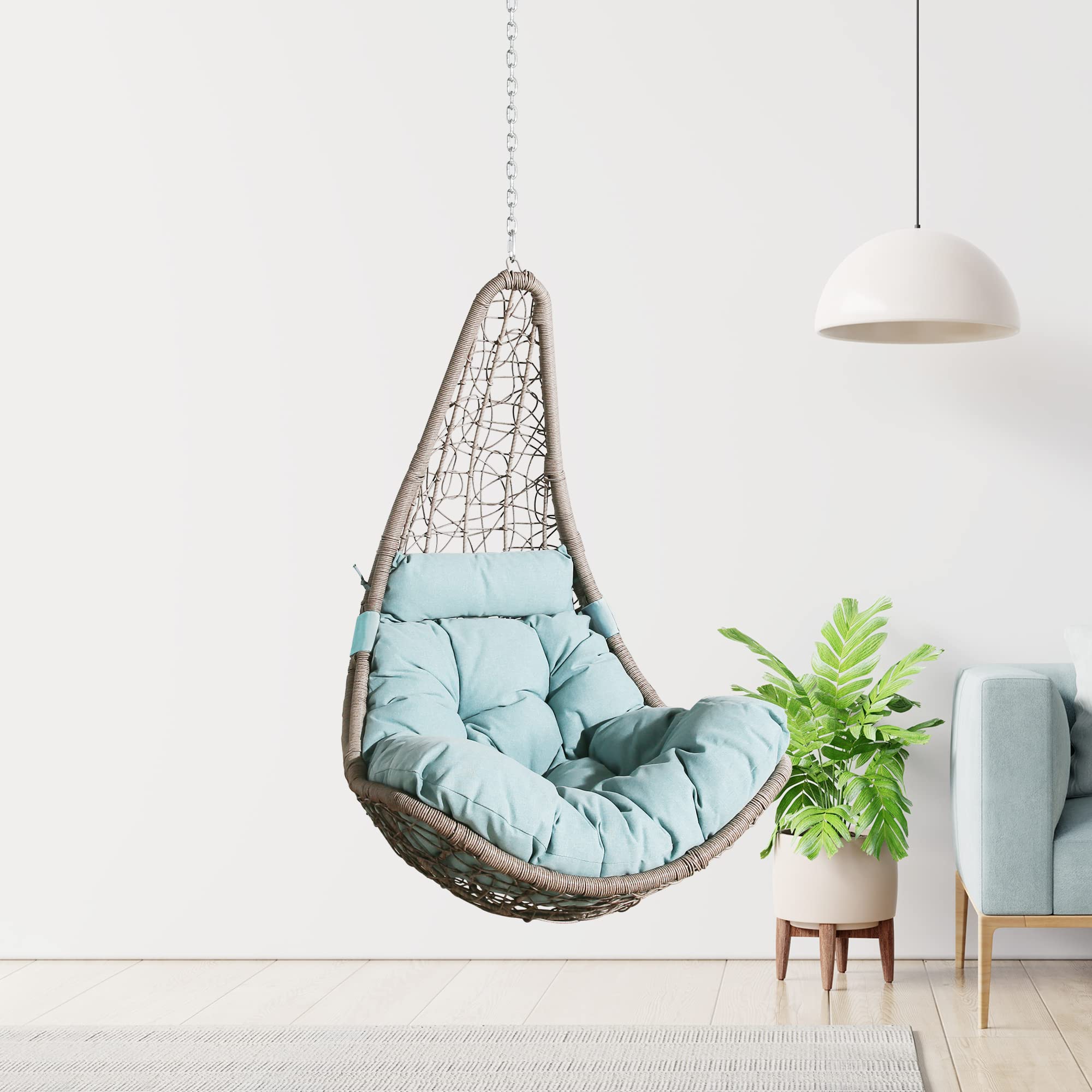 Outdoor Hanging Egg Chair - Wicker Swing Hammock with Cushion & Pillow for Patio, Garden, Balcony or Bedroom - Turquoise Boho Lounge Chair for Relaxing & Reading