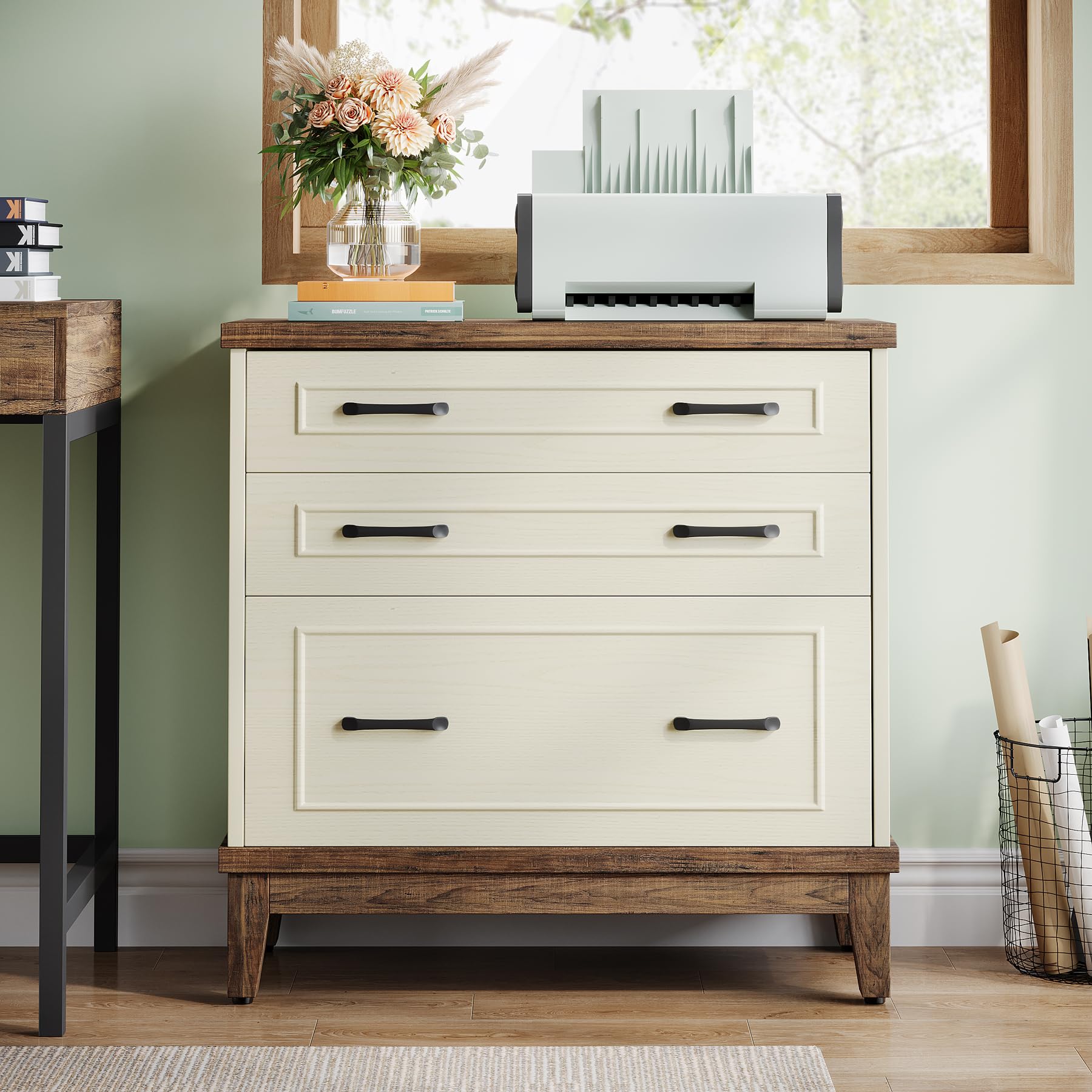 Tribesigns 3-Drawer Lateral File Cabinet for A4/Letter/Legal Size Documents - Wooden Office Storage Cabinet & Printer Stand in White/Walnut - Perfect for Home Office, Living Room & Workspace Organization