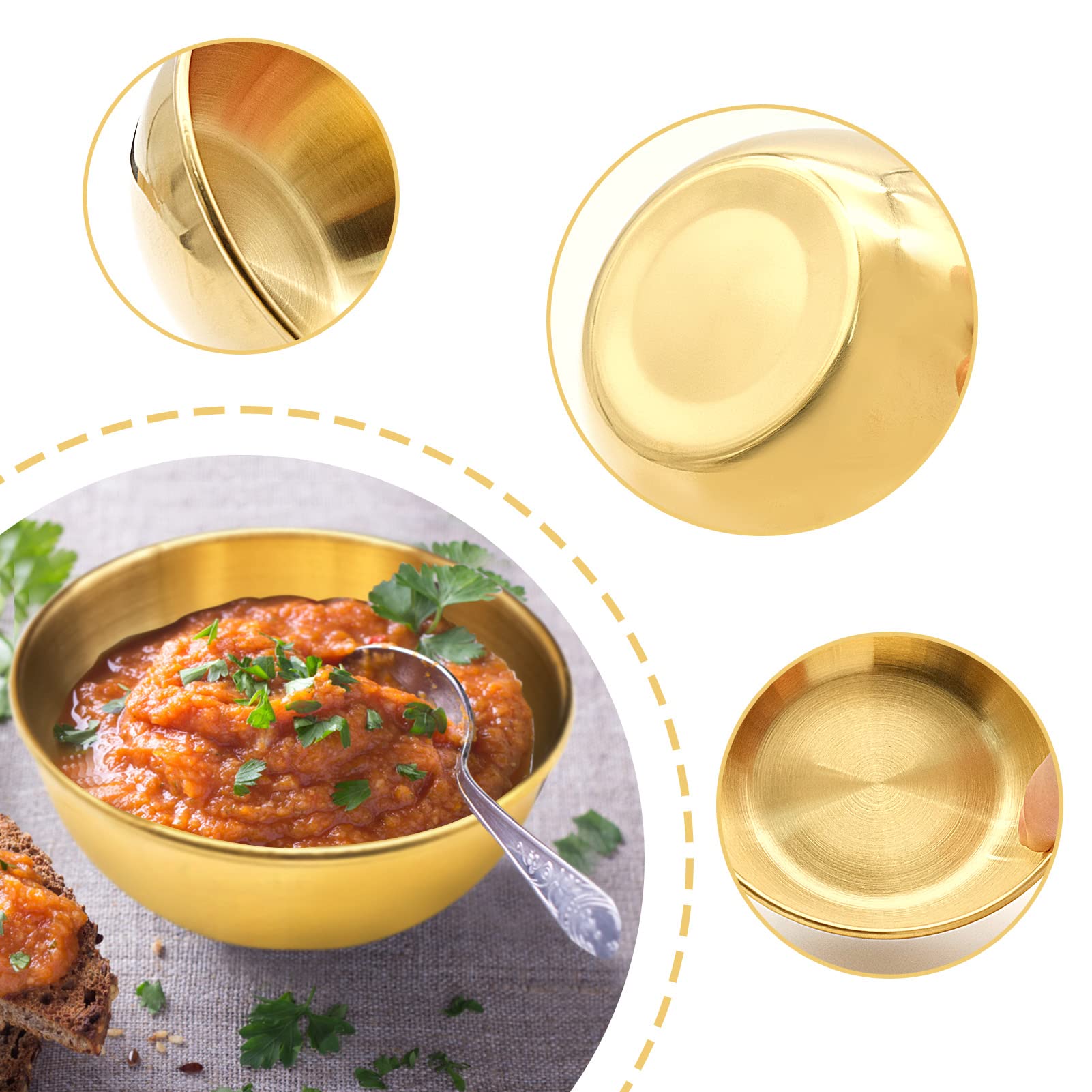 4-Piece Gold Stainless Steel Sauce Dip Bowls Set - Small Soy Sauce Dishes & Appetizer Plates for Sushi, Dumplings, and Dipping Sauces - Perfect for Restaurants, Home Dining, and Party Serving