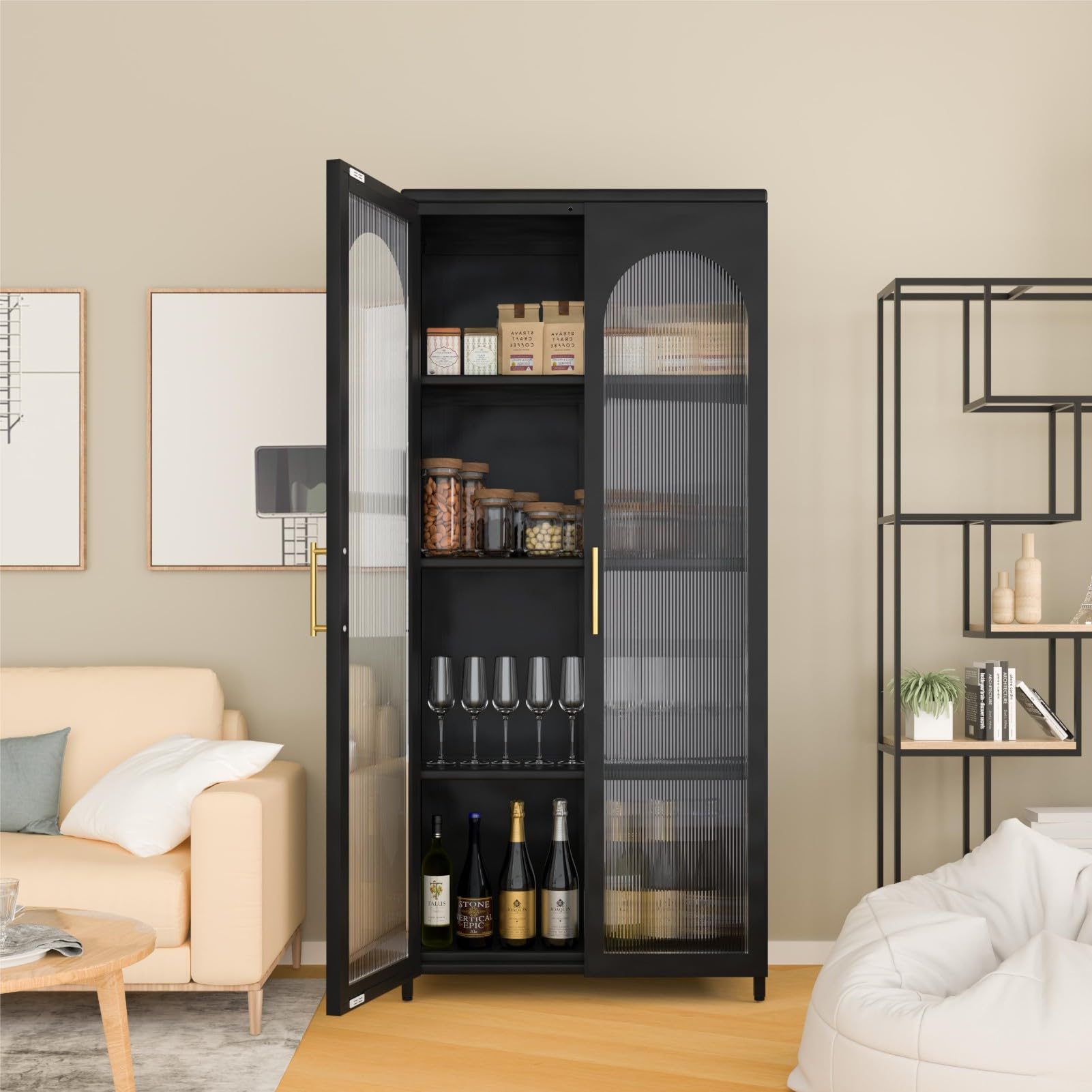 Modern Sideboard Buffet Cabinet with Glass Doors & Adjustable Shelves - Kitchen Storage Credenza for Dining Room, Living Room | Stylish Accent Furniture for Home Decor & Entertaining