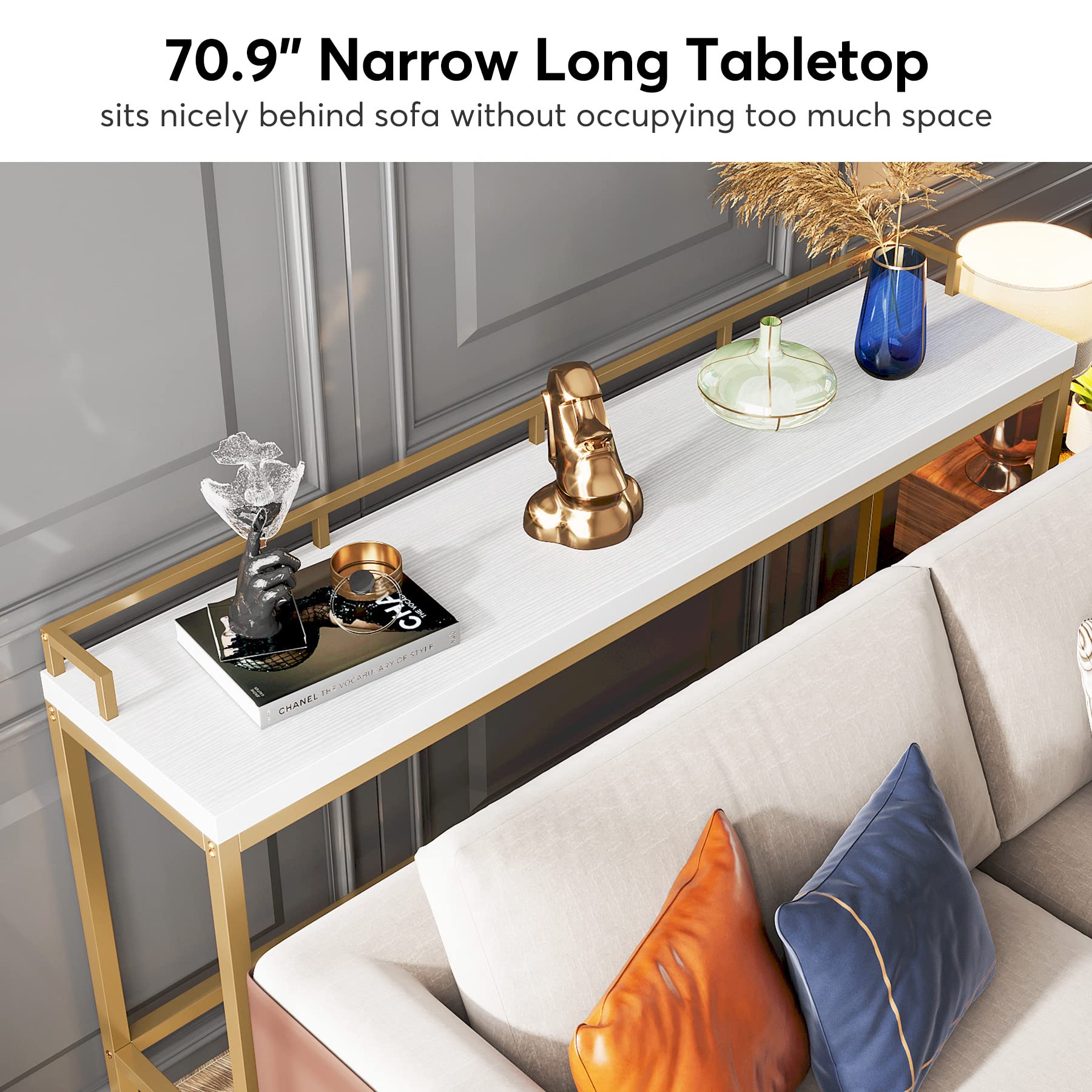 Tribesigns 70.9 Inch Extra Long Sofa Table - Narrow Console Table Behind Couch, Modern Entryway & Hallway Table for Living Room, Bedroom, or Office (White + Gold) - Perfect for Small Spaces & Home Decor
