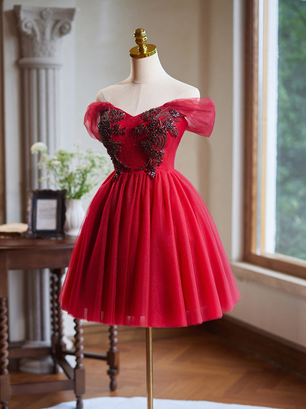 Elegant Burgundy A-Line Off-Shoulder V-Neck Beaded Tulle Prom Dress for Homecoming, Party & Special Occasions