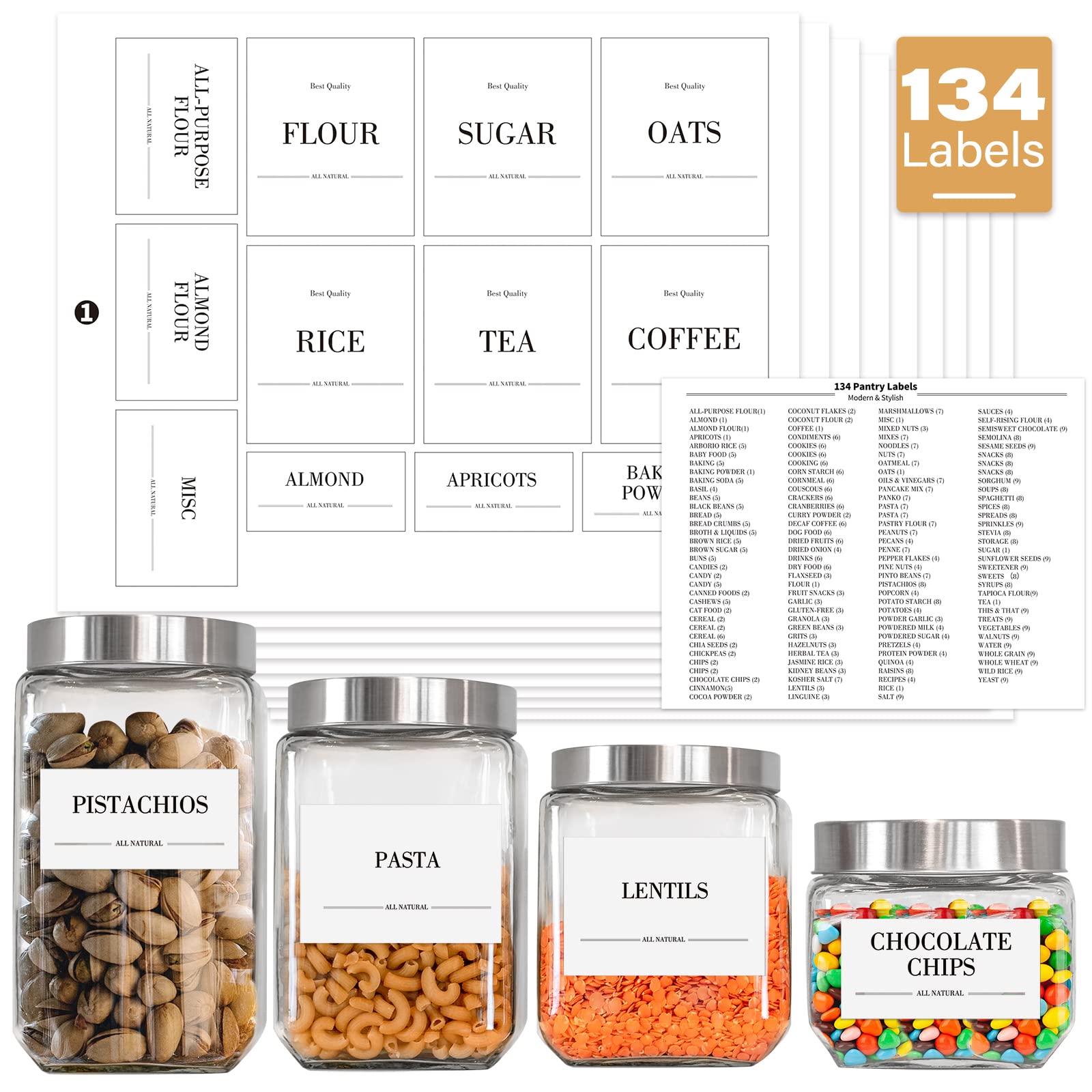 134 Waterproof Kitchen Pantry Labels for Containers & Jars - Minimalist Spice & Food Organization Stickers - Perfect for Pantry, Spice Rack & Storage Organization