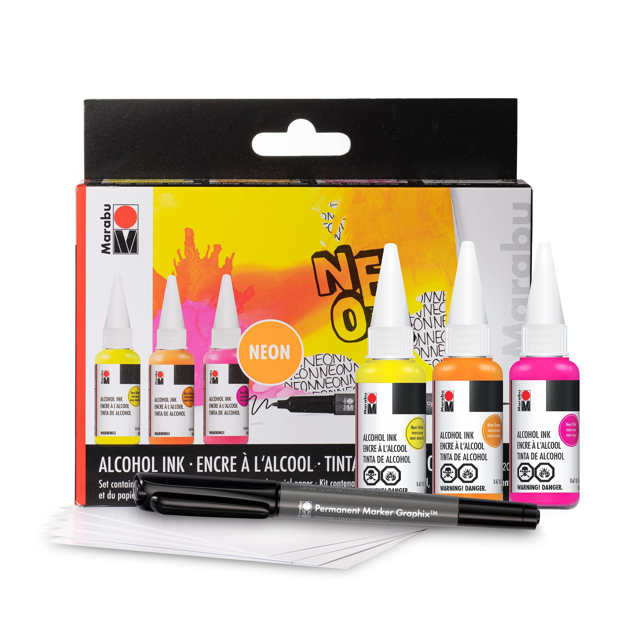 Marabu Alcohol Ink Starter Kit - 3 Vibrant Neon Colors (Yellow, Orange, Pink) for Epoxy Resin Art, Tumbler Customization & Creative Painting - Includes Alcohol Ink Paper & Permanent Marker - Perfect for DIY Crafts, Home Decor & Artistic Projects