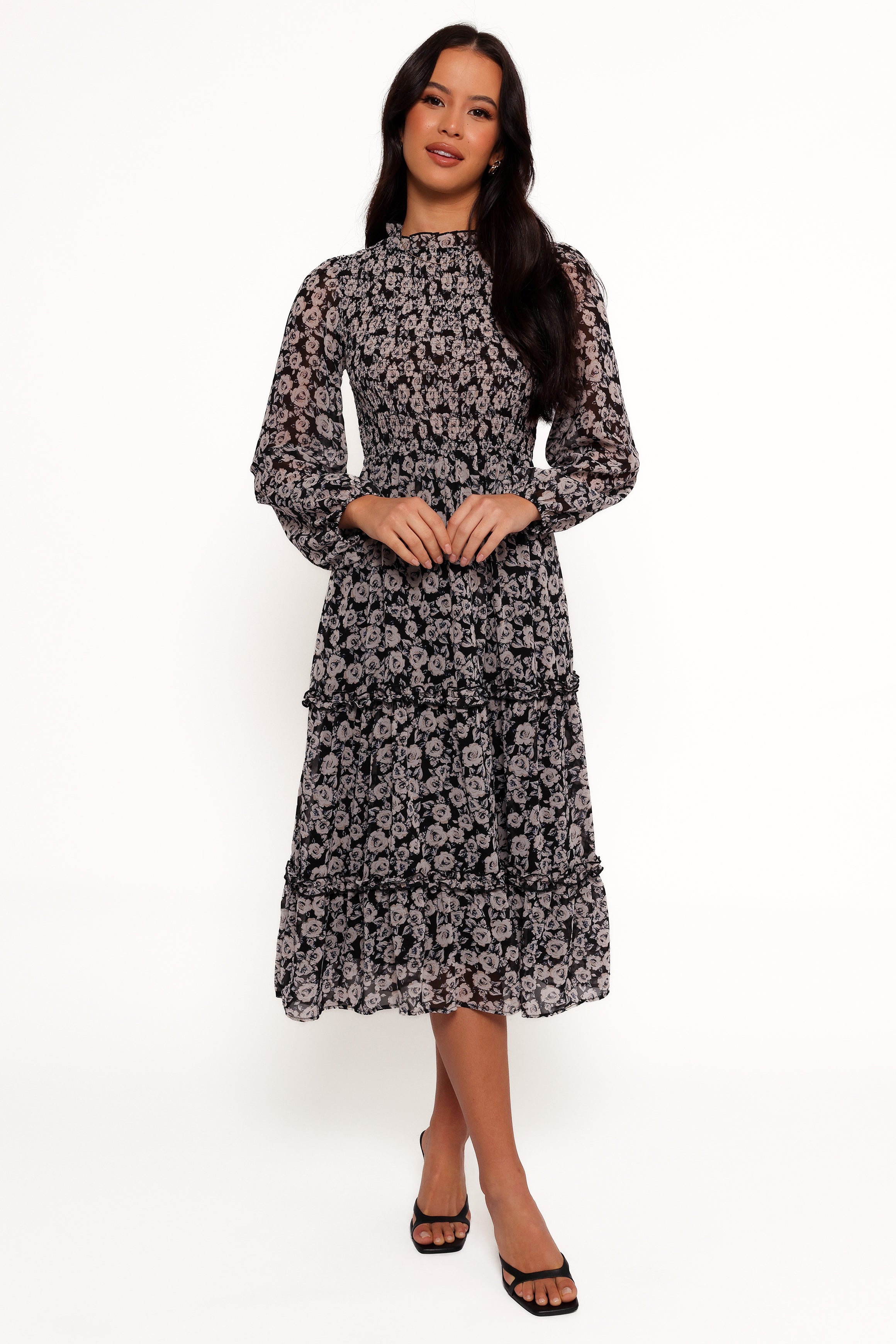 Edwina Women's Black Floral Shirred Frill Long Sleeve Midi Dress - Elegant Party, Wedding Guest & Special Occasion Outfit
