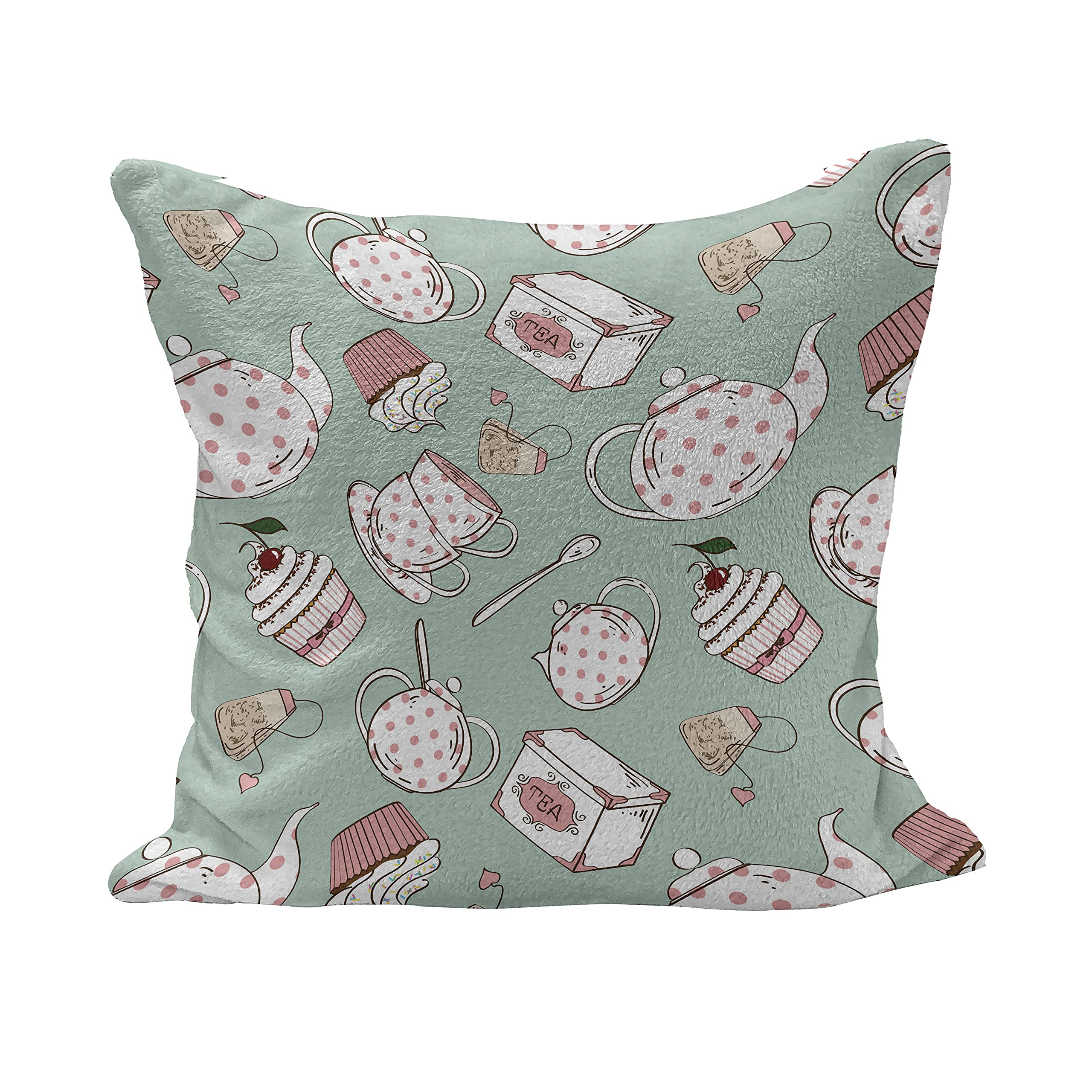 Ambesonne Tea Party Fluffy Throw Pillow Cover 18x18 Inch - Polka Dot Teapot & Cupcake Design with Cherry & Teabag - Decorative Square Cushion Case in Almond Green Coral - Perfect for Living Room Sofa, Bedroom Decor & Tea-Themed Parties