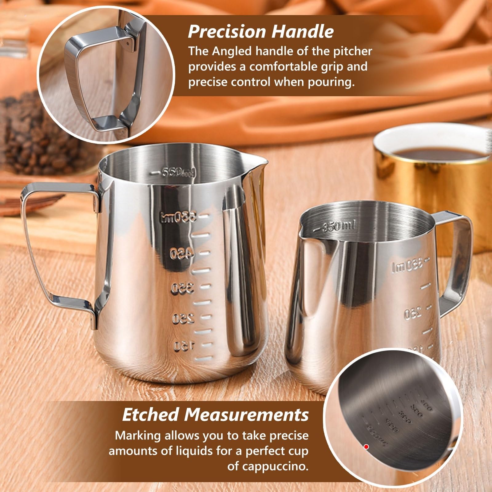Premium Stainless Steel Milk Frothing Pitcher 12oz/20oz/34oz - Barista-Grade Coffee Frother Cup for Cappuccino, Latte & Espresso - Espresso Machine Accessories with Inner Measurements (Ideal for Home & Cafe Use)