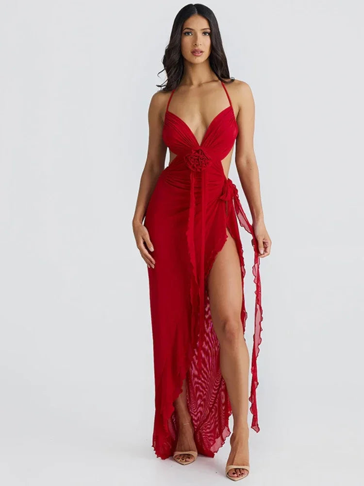 3D Floral Applique Mesh Ruffle Halterneck Split Long Dresses for Women - Sexy Summer Vacation Outfits 2024 | Beach Party, Evening Wear, Wedding Guest Dress