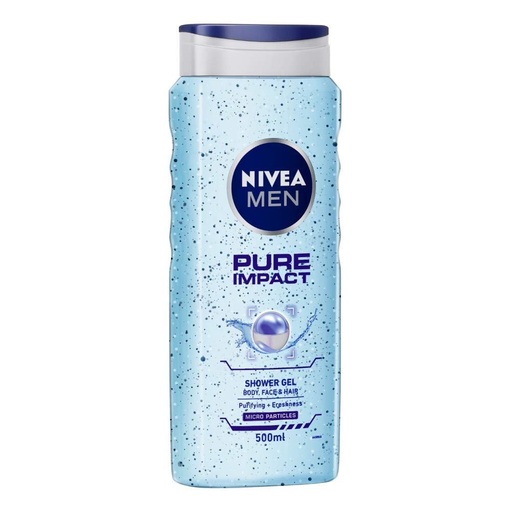 NIVEA Men Pure Impact Shower Gel 500ml - 3-in-1 Hair, Face & Body Wash for Men | Deep Impact Cleansing Body Wash 250ml | Refreshing Daily Shower Gel for Gym, Travel & Home Use