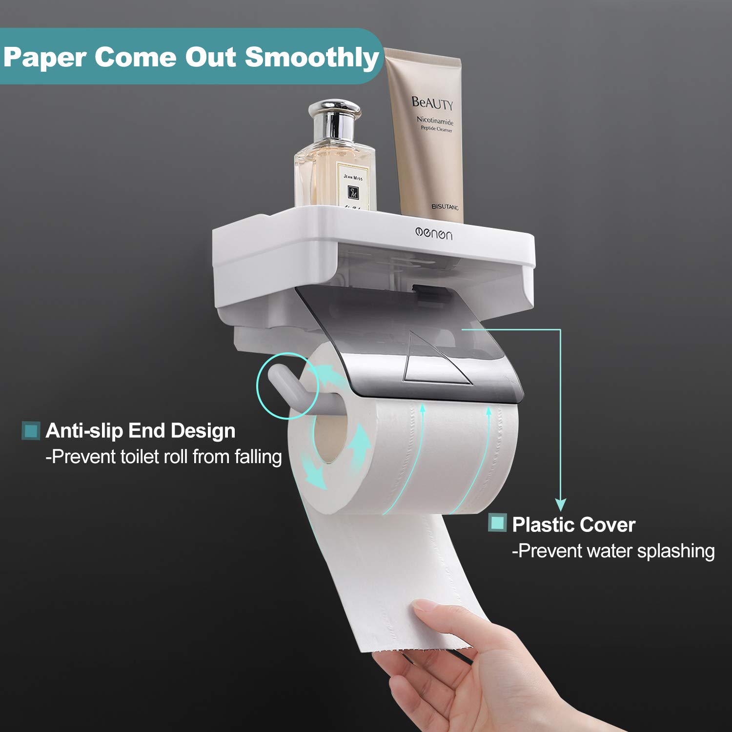 Self-Adhesive Toilet Paper Holder with Shelf - Wall Mount Bathroom & Kitchen Tissue Roll Dispenser - Space-Saving Storage for Small Bathrooms, RVs & Apartments