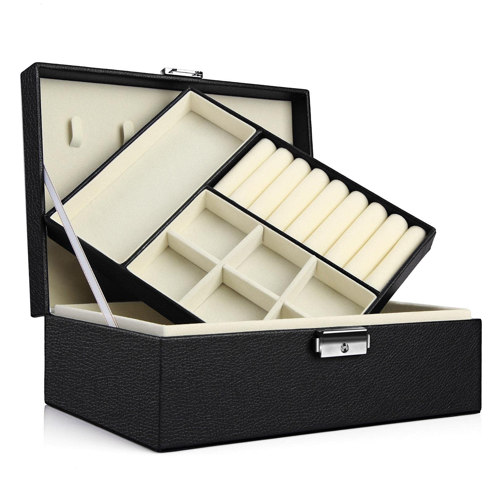 YAYA2021-SHOP 2-Tier Lockable Jewelry Organizer Box for Women - Large Travel Jewelry Storage Case with Display Stand for Earrings, Rings, Necklaces & Bracelets (Black) - Perfect for Home, Travel & Gift Giving