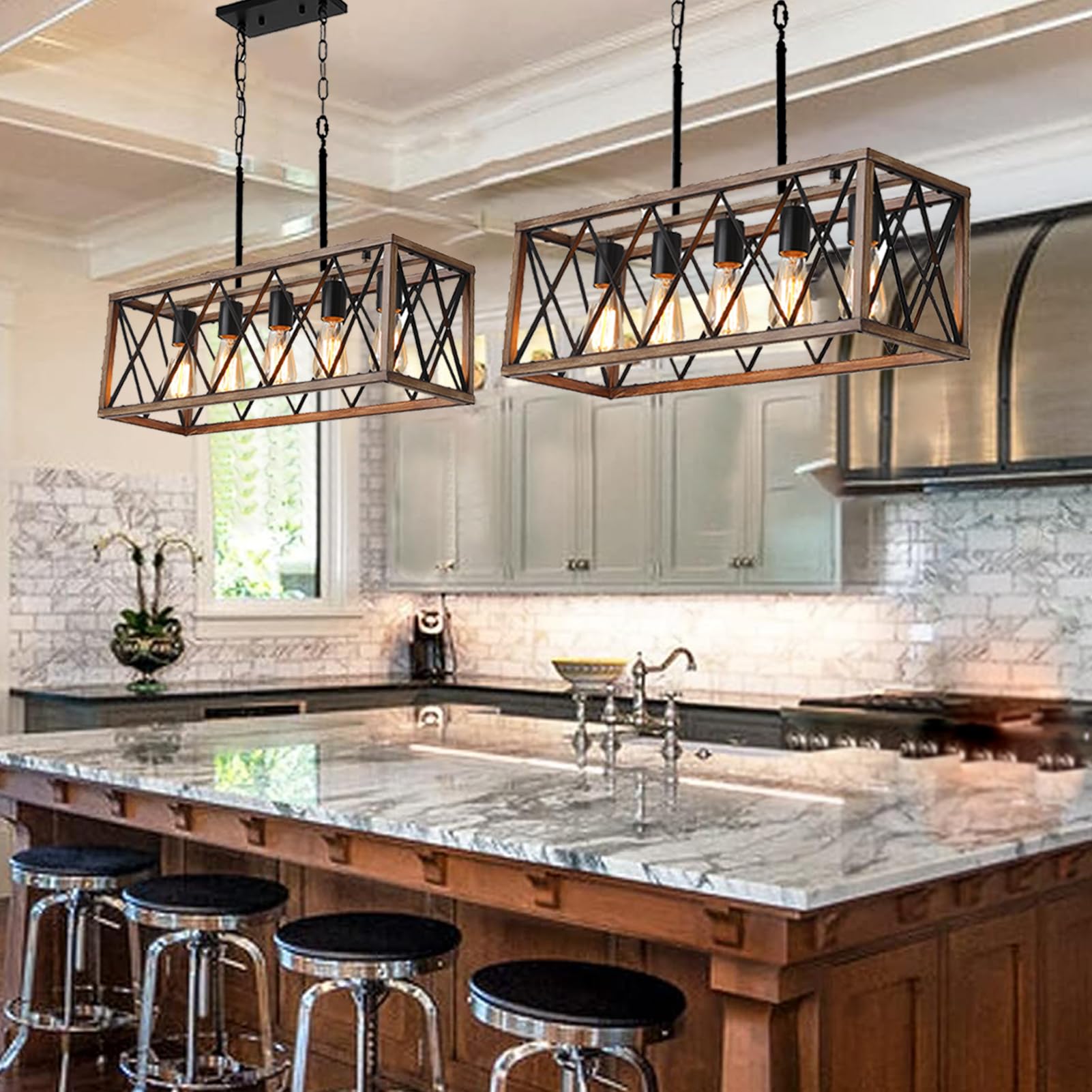 Farmhouse 5-Light Adjustable Height Dining Room Chandelier - Industrial Metal Kitchen Pendant Lighting for Island, Table & Sink - Wood Grain Finish - Perfect for Rustic Kitchens, Dining Areas & Farmhouse Decor