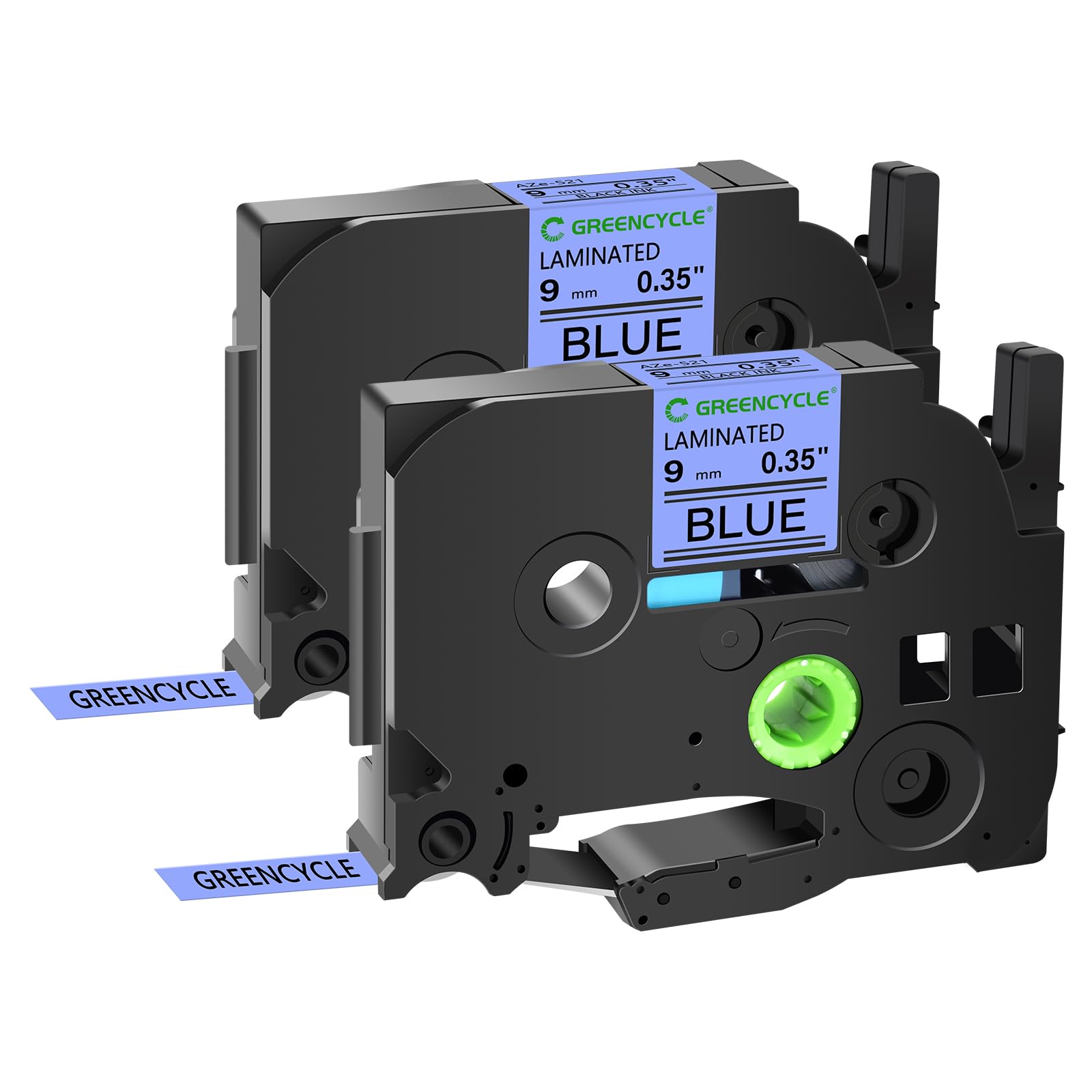 GREENCYCLE Compatible Brother TZe-521 TZe521 TZ521 TZ-521 AZE 9mm (0.35 Inch) Black on Blue Laminated Label Tape - Works with PTD210, D400AD, D600, PT-H100, PTH110, PT1290, PT-1230PC - 2 Pack - Perfect for Office Labeling, Shipping & Organization