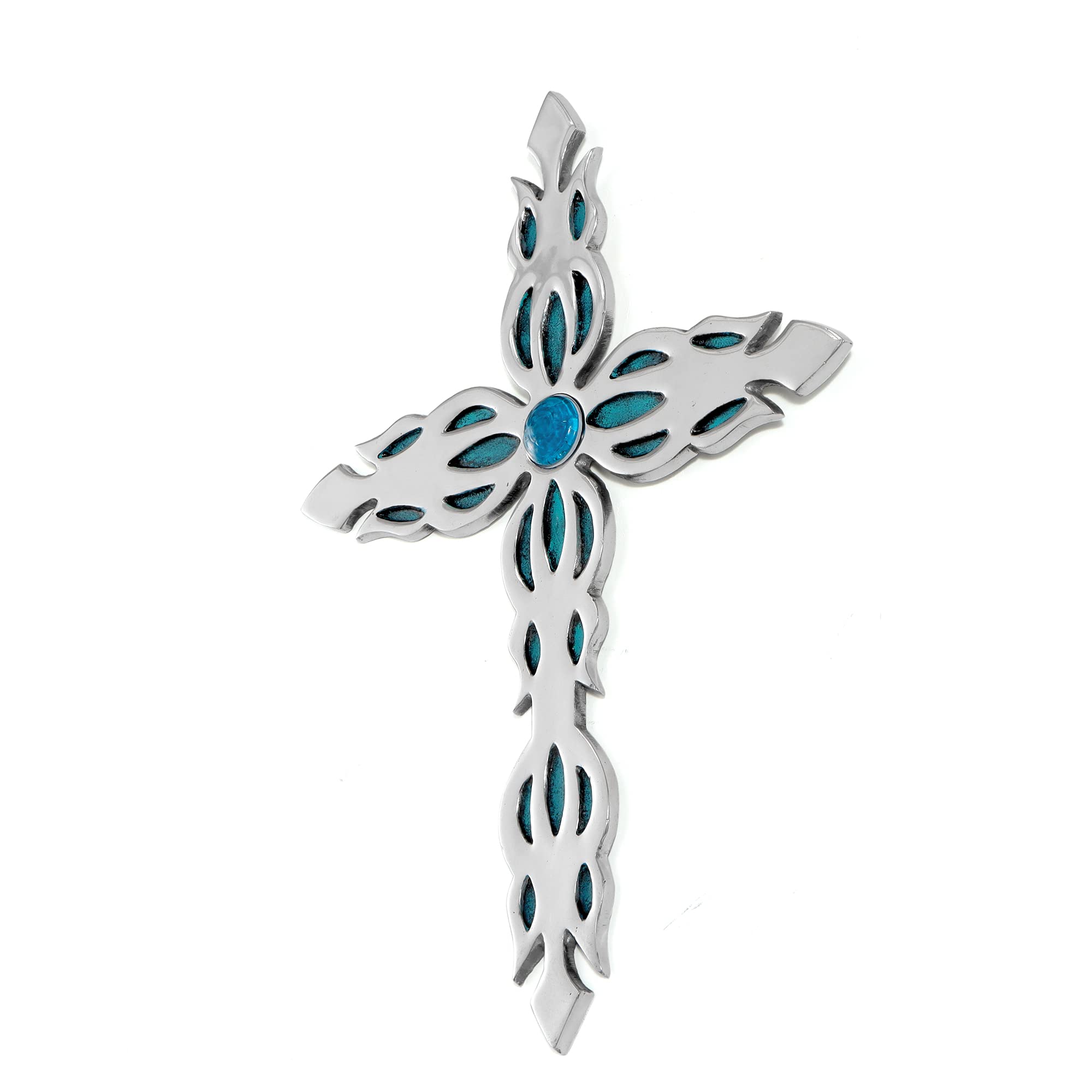 Handmade Silver Blue Crackled Glass Cross Wall Decor for Home & Office Gifts