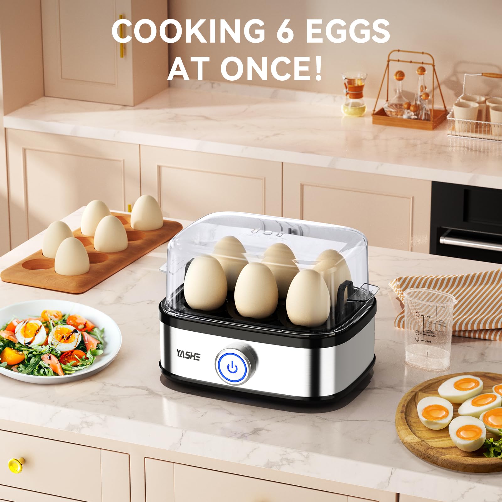 YASHE Rapid Egg Boiler - 400W Compact Electric Egg Cooker for Soft/Medium/Hard Boiled Eggs, Poached Eggs & Omelets | 6-Egg Capacity, Easy Peel, Stainless Steel Steamer with Buzzer & Indicator Light | Perfect for Breakfast, Meal Prep & Healthy Cooking