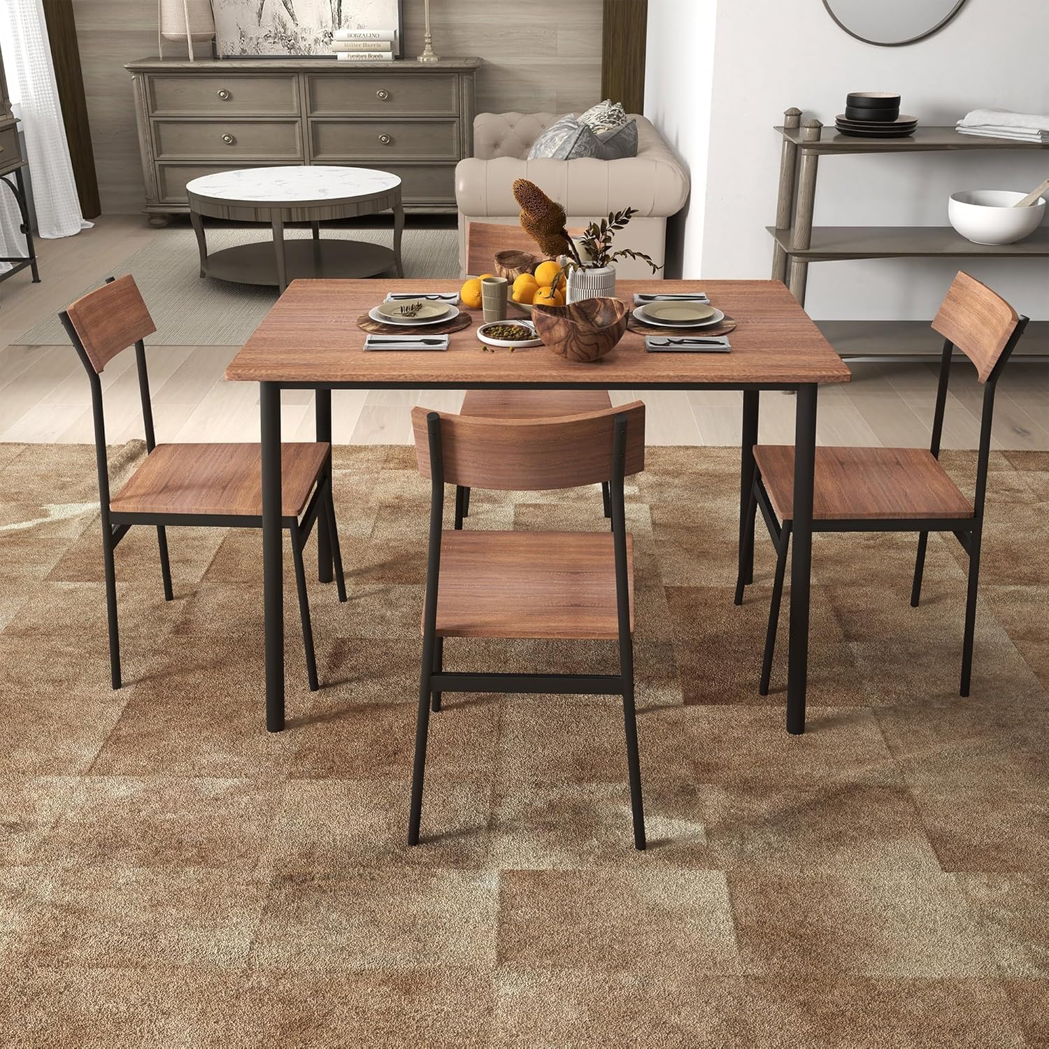 5-Piece Rustic Industrial Kitchen & Dining Set - Wooden Table & Metal Frame Chairs for 4, Brown - Perfect for Small Spaces, Farmhouse Decor & Family Meals