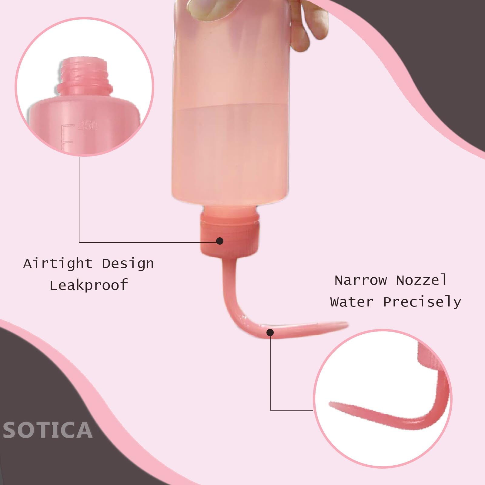 Sotica 8oz (250ml) Narrow Mouth Wash Bottles - 3 Pack Pink Squeeze Bottles with Measurement Scale & Labels | Tattoo Ink Bottles, Medical Lab Supplies, Lash Extension Tools, Succulent Watering Spray Bottles for Precise Liquid Dispensing
